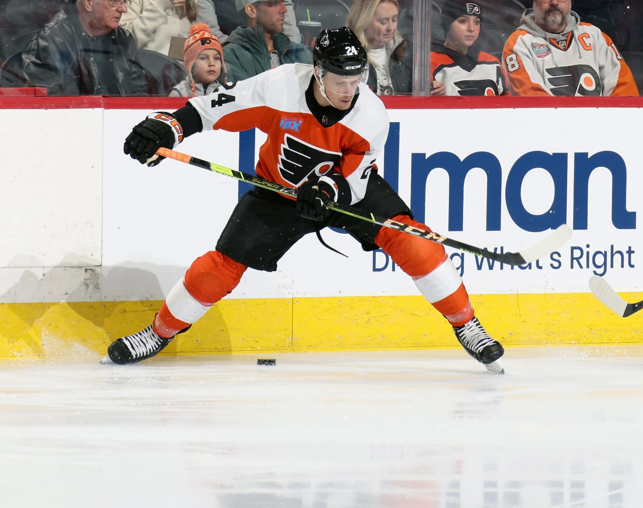 PHILADELPHIA, PENNSYLVANIA - DECEMBER 14:  Nick Seeler #24 of the Philadelphia Flyers skates the puck against the Washington Capitals at the Wells Fargo Center on December 14, 2023 in Philadelphia, Pennsylvania.  (Photo by Len Redkoles/NHLI via Getty Images)