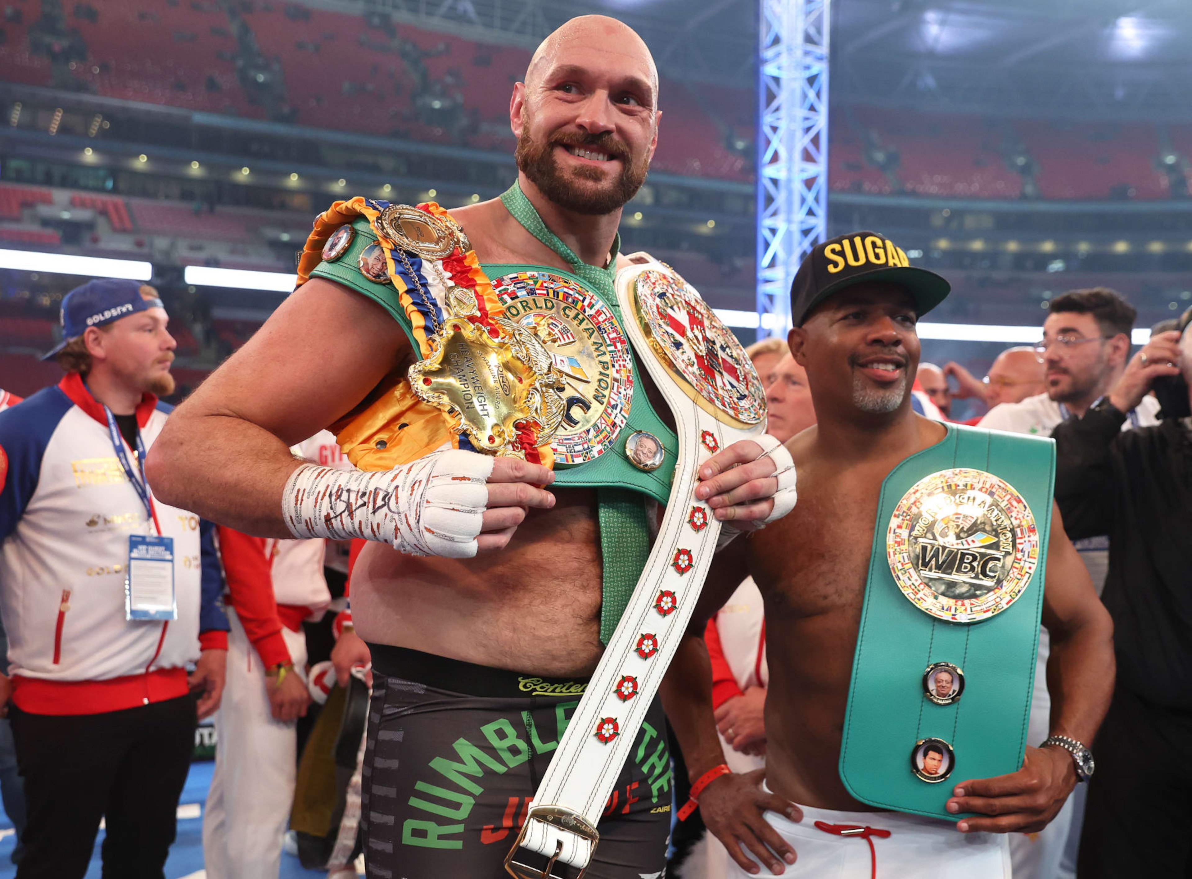 LONDON, ENGLAND - APRIL 23: Tyson Fury celebrates victory after the WBC World Heavyweight Title Fight between Tyson Fury and Dillian Whyte at Wembley Stadium on April 23, 2022 in London, England. (Photo by Julian Finney/Getty Images) LONDON, ENGLAND - APRIL 23: Tyson Fury celebrates victory after the WBC World Heavyweight Title Fight between Tyson Fury and Dillian Whyte at Wembley Stadium on April 23, 2022 in London, England. (Photo by Julian Finney/Getty Images)