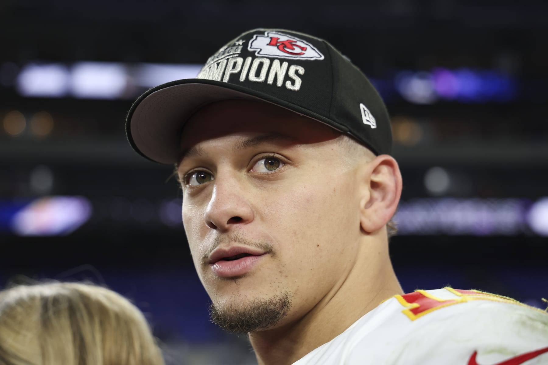 BALTIMORE, MARYLAND - JANUARY 28: Patrick Mahomes #15 of the Kansas City Chiefs looks across the field after the AFC championship game against the Baltimore Ravens at M&T Bank Stadium on January 28, 2024 in Baltimore, Maryland. (Photo by Kara Durrette/Getty Images)