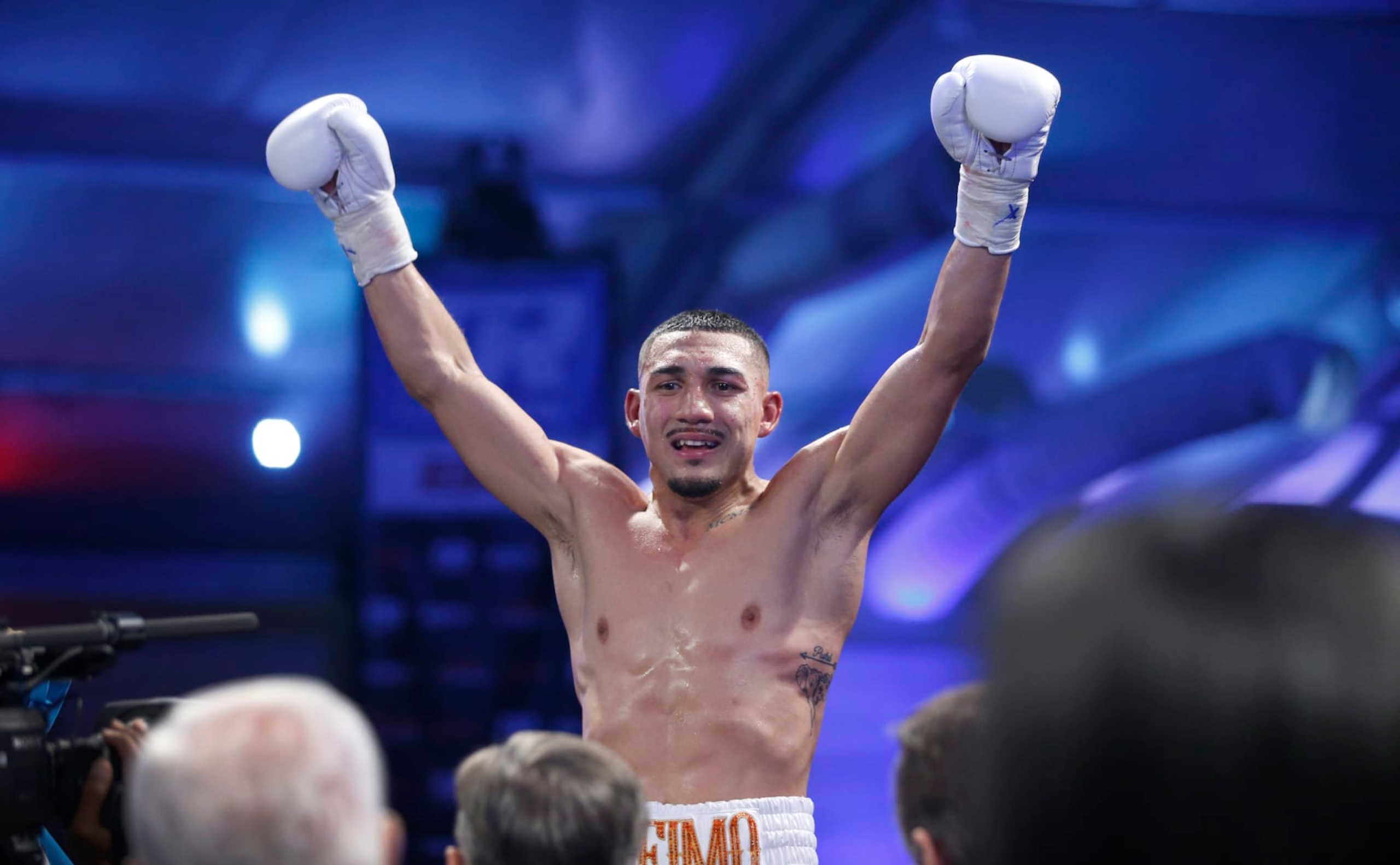 LAS VEGAS, NEVADA - AUGUST 13: Teofimo Lopez Jr. celebrates after defeating Pedro Campa in a junior welterweight fight at Resorts World Las Vegas on August 13, 2022 in Las Vegas, Nevada. Lopez won the fight with a seventh-round TKO. (Photo by Steve Marcus/Getty Images)