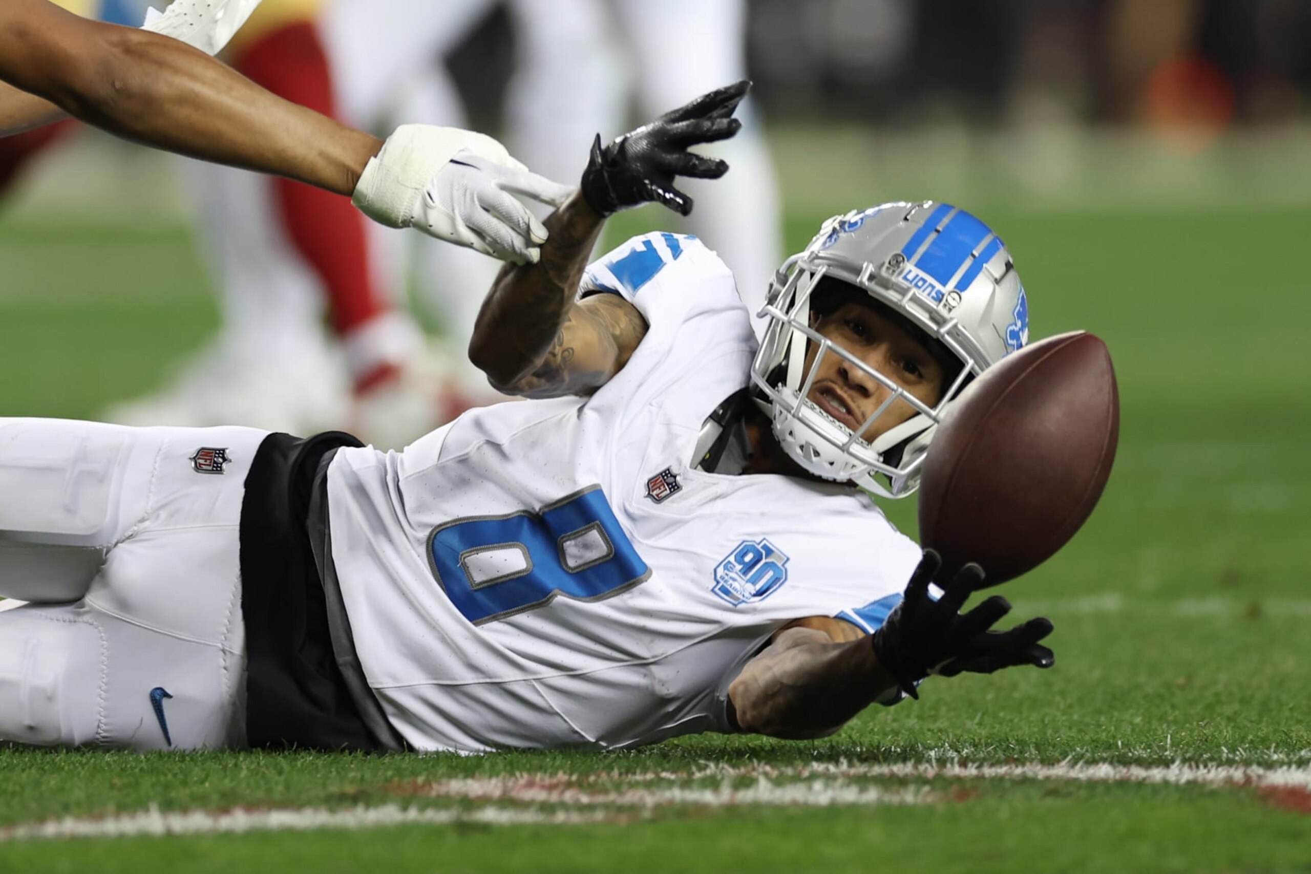 SANTA CLARA, CALIFORNIA - JANUARY 28: Josh Reynolds #8 of the Detroit Lions is unable to make a catch during the third quarter against the San Francisco 49ers in the NFC Championship Game at Levi's Stadium on January 28, 2024 in Santa Clara, California. (Photo by Ezra Shaw/Getty Images)