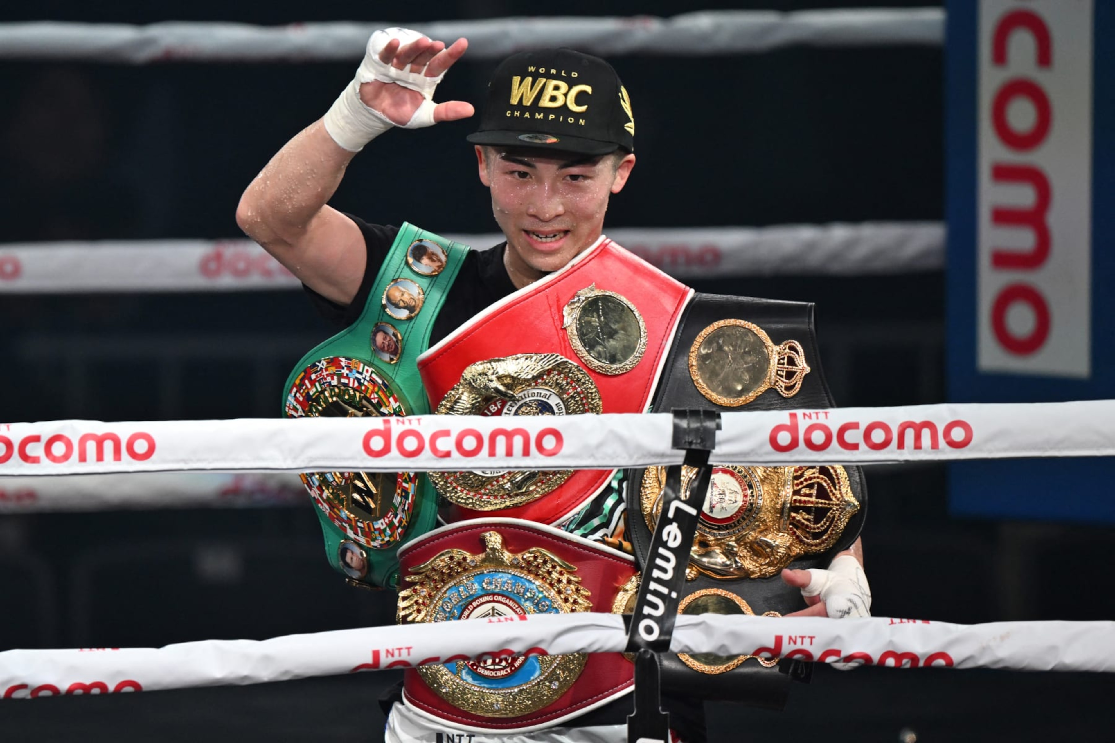 Japan's WBC and WBO super bantamweight champion Naoya Inoue celebrates his victory over Philippines' WBA and IBF super bantamweight champion Marlon Tapales after their four-belt world super bantamweight title unification match at Tokyo's Ariake Arena on December 26, 2023. (Photo by Kazuhiro NOGI / AFP) (Photo by KAZUHIRO NOGI/AFP via Getty Images) Japan's WBC and WBO super bantamweight champion Naoya Inoue celebrates his victory over Philippines' WBA and IBF super bantamweight champion Marlon Tapales after their four-belt world super bantamweight title unification match at Tokyo's Ariake Arena on December 26, 2023. (Photo by Kazuhiro NOGI / AFP) (Photo by KAZUHIRO NOGI/AFP via Getty Images)