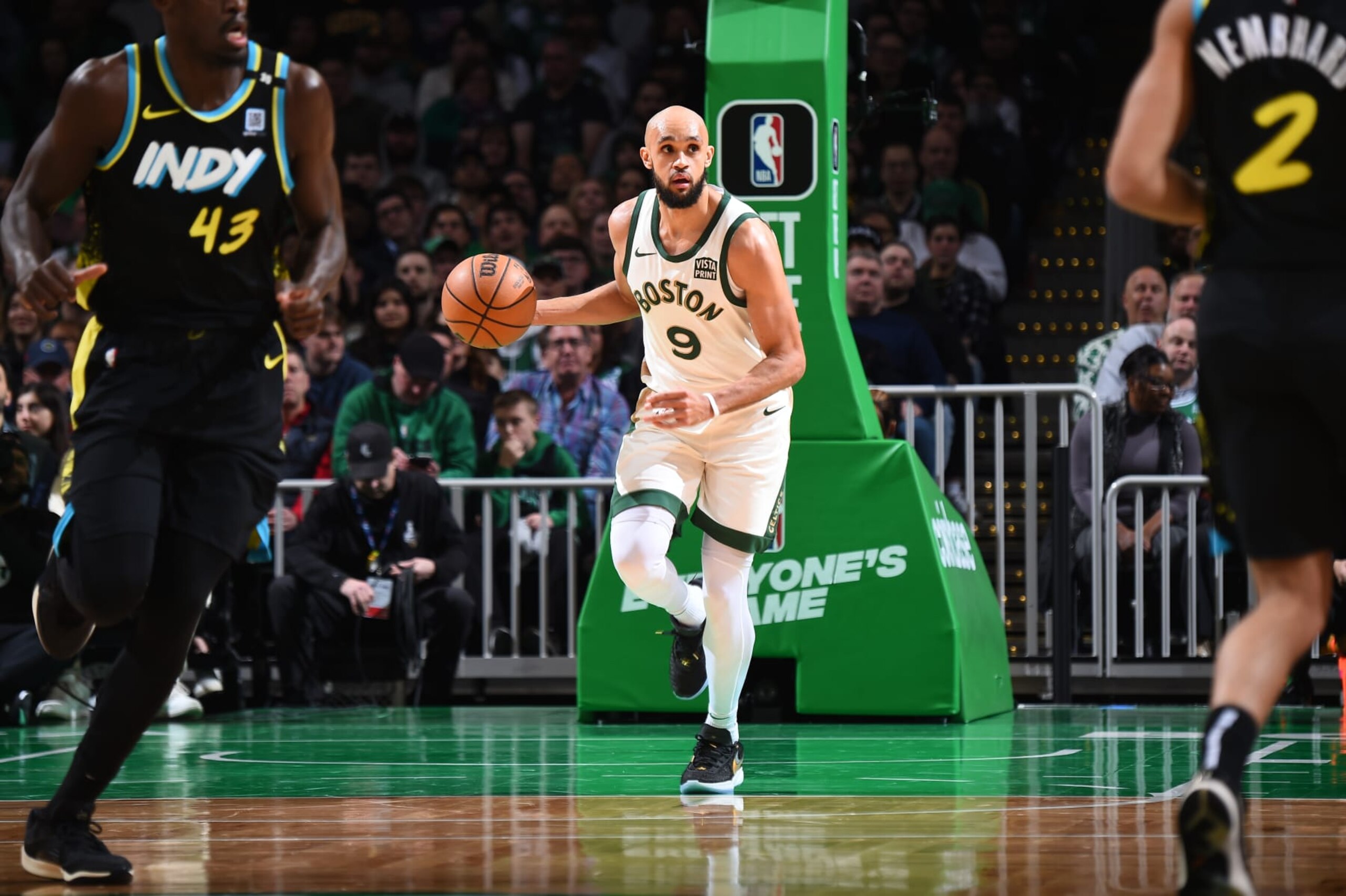 BOSTON, MA - JANUARY 30: Derrick White #9 of the Boston Celtics dribbles the ball during the game against the Indiana Pacers on January 30, 2024 at the TD Garden in Boston, Massachusetts. NOTE TO USER: User expressly acknowledges and agrees that, by downloading and or using this photograph, User is consenting to the terms and conditions of the Getty Images License Agreement. Mandatory Copyright Notice: Copyright 2024 NBAE  (Photo by Brian Babineau/NBAE via Getty Images)