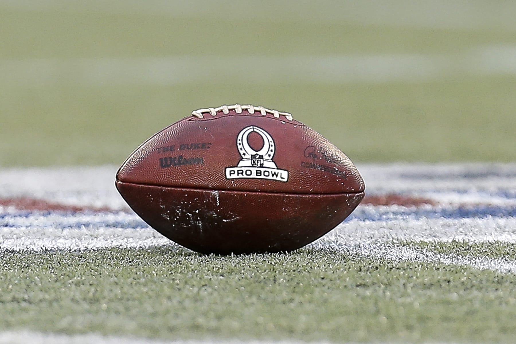 ORLANDO, FL - JANUARY 28: A general view of the "Duke" Wilson Official NFL football at mid-field with the Pro Bowl Logo on it during the game at Camping World Stadium on January 28, 2018 in Orlando, Florida. The AFC defeated the NFC 24 to 23. (Photo by Don Juan Moore/Getty Images)