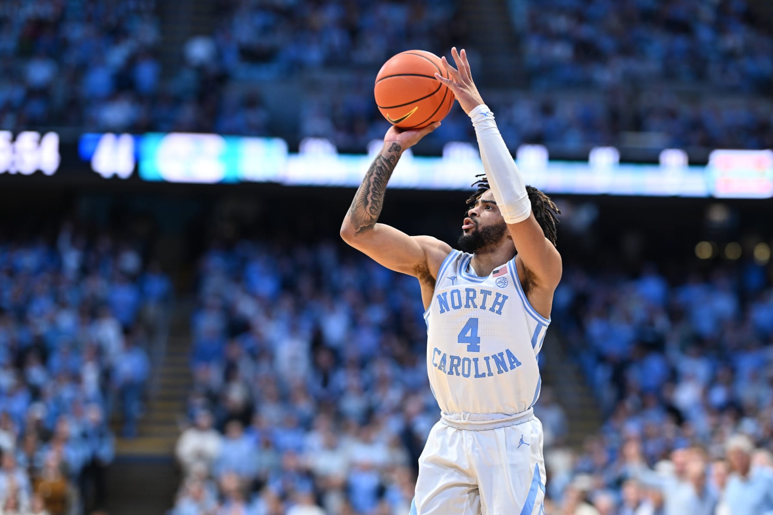 CHAPEL HILL, NORTH CAROLINA - JANUARY 22: RJ Davis #4 of the North Carolina Tar Heels takes a three-point shot against the Wake Forest Demon Deacons during the game at the Dean E. Smith Center on January 22, 2024 in Chapel Hill, North Carolina. The Tar Heels won 85-64. (Photo by Grant Halverson/Getty Images)
