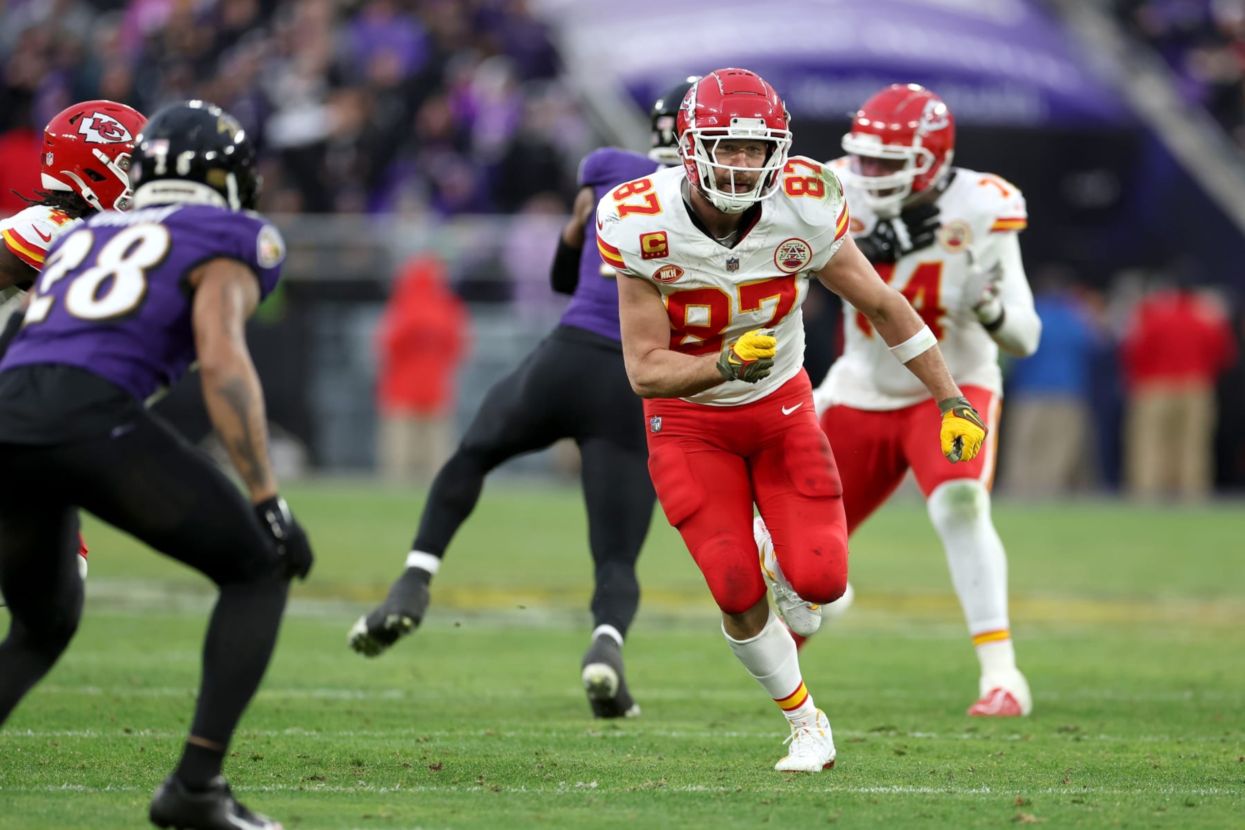 BALTIMORE, MARYLAND - JANUARY 28: Tight end Travis Kelce #87 of the Kansas City Chiefs runs a route against the Baltimore Ravens in the AFC Championship Game  at M&T Bank Stadium on January 28, 2024 in Baltimore, Maryland. (Photo by Rob Carr/Getty Images)