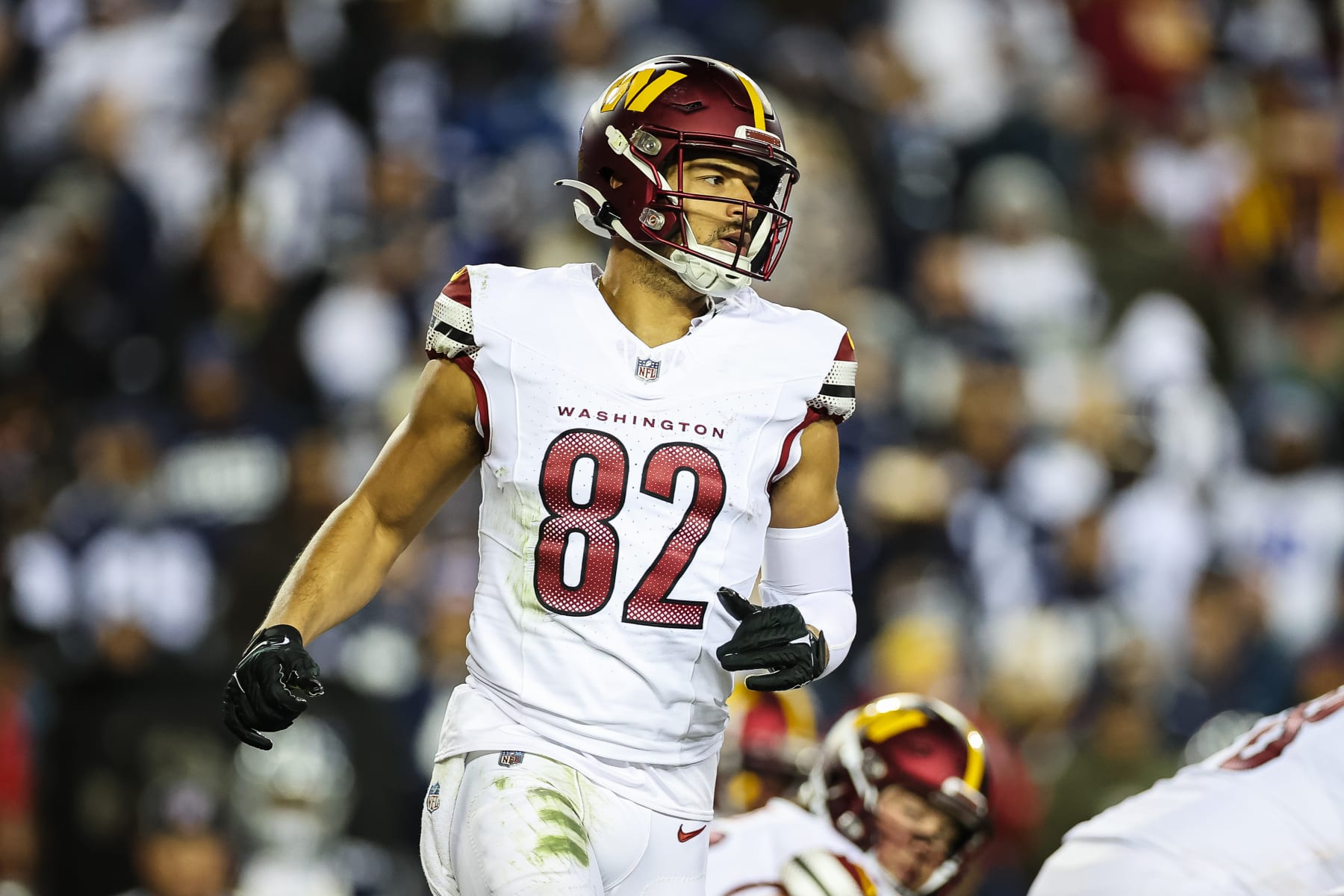 LANDOVER, MD - JANUARY 07: Logan Thomas #82 of the Washington Commanders in action against the Dallas Cowboys during the second half of the game at FedExField on January 7, 2024 in Landover, Maryland. (Photo by Scott Taetsch/Getty Images)