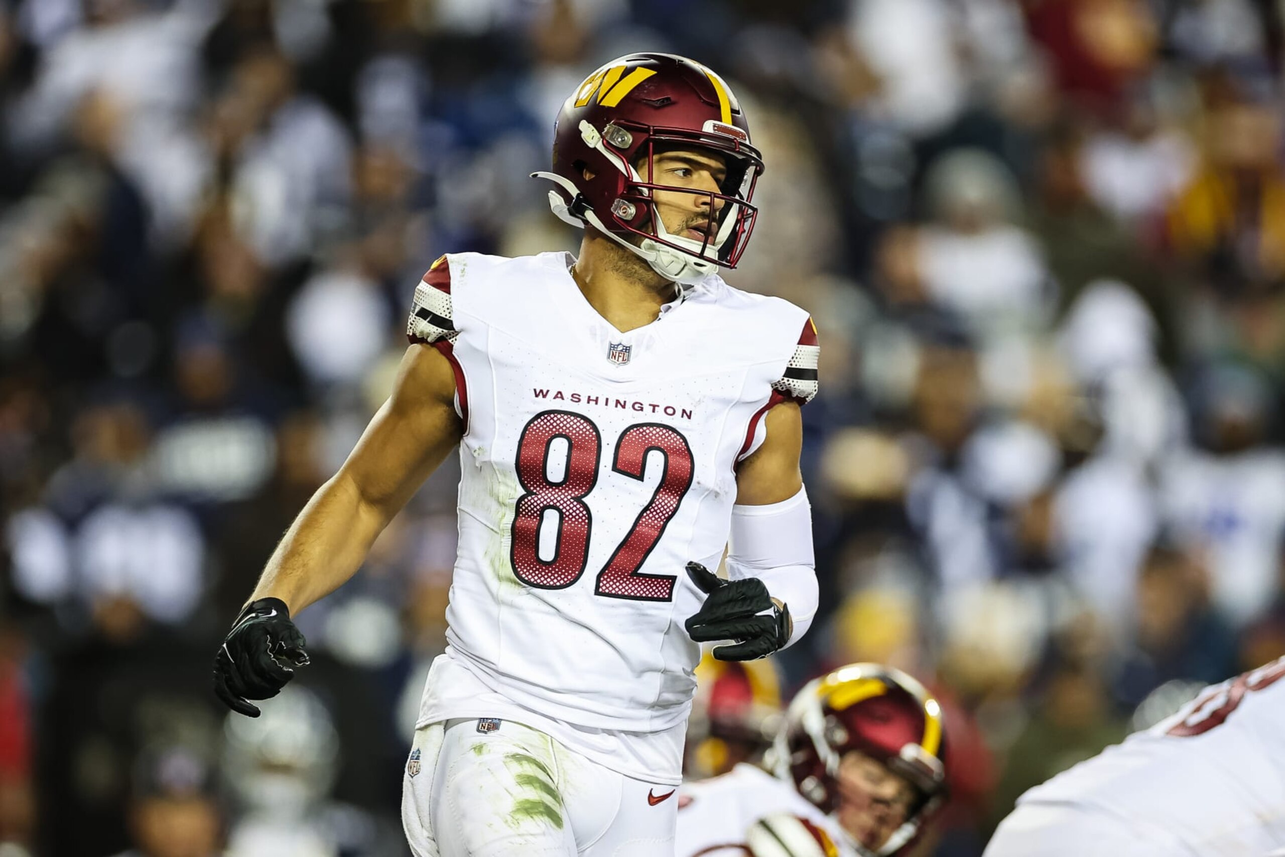 LANDOVER, MD - JANUARY 07: Logan Thomas #82 of the Washington Commanders in action against the Dallas Cowboys during the second half of the game at FedExField on January 7, 2024 in Landover, Maryland. (Photo by Scott Taetsch/Getty Images) LANDOVER, MD - JANUARY 07: Logan Thomas #82 of the Washington Commanders in action against the Dallas Cowboys during the second half of the game at FedExField on January 7, 2024 in Landover, Maryland. (Photo by Scott Taetsch/Getty Images)