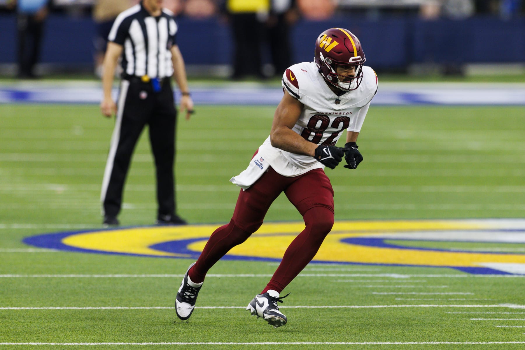 INGLEWOOD, CALIFORNIA - DECEMBER 17: Logan Thomas #82 of the Washington Commanders runs a route during a game against the Los Angeles Rams at SoFi Stadium on December 17, 2023 in Inglewood, California. (Photo by Ric Tapia/Getty Images)