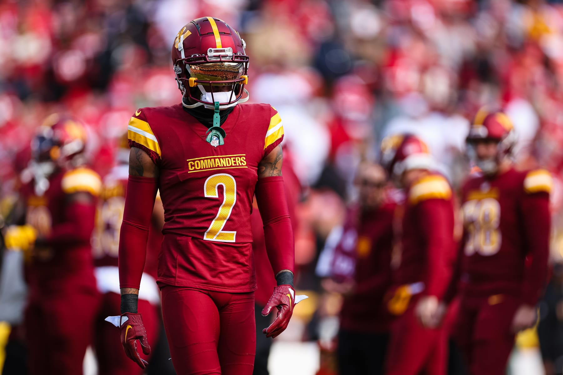 LANDOVER, MD - DECEMBER 31: Dyami Brown #2 of the Washington Commanders warms up before the game against the San Francisco 49ers at FedExField on December 31, 2023 in Landover, Maryland. (Photo by Scott Taetsch/Getty Images)