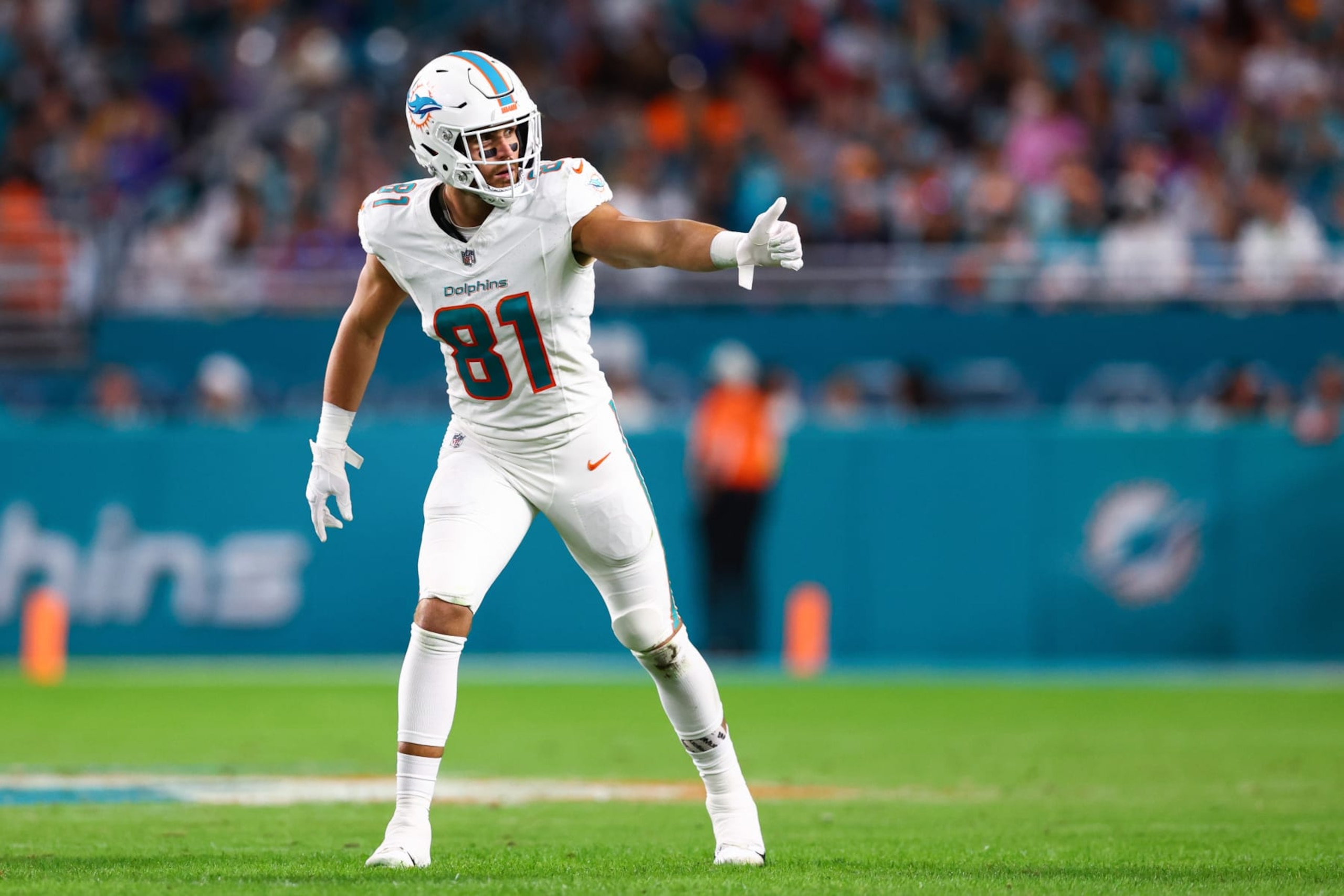 MIAMI GARDENS, FLORIDA - JANUARY 07: Durham Smythe #81 of the Miami Dolphins looks on against the Buffalo Bills during the second half of the game at Hard Rock Stadium on January 07, 2024 in Miami Gardens, Florida. (Photo by Megan Briggs/Getty Images)