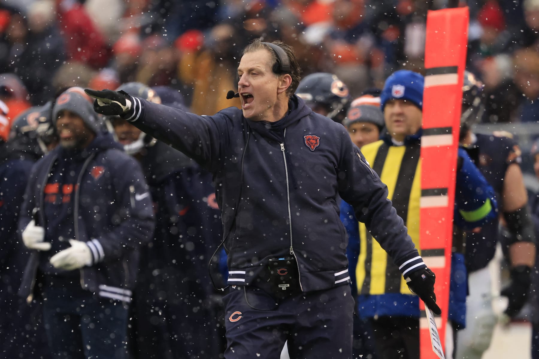 CHICAGO, ILLINOIS - DECEMBER 31: Head coach Matt Eberflus of the Chicago Bears reacts in the game against the Atlanta Falcons at Soldier Field on December 31, 2023 in Chicago, Illinois. (Photo by Justin Casterline/Getty Images)