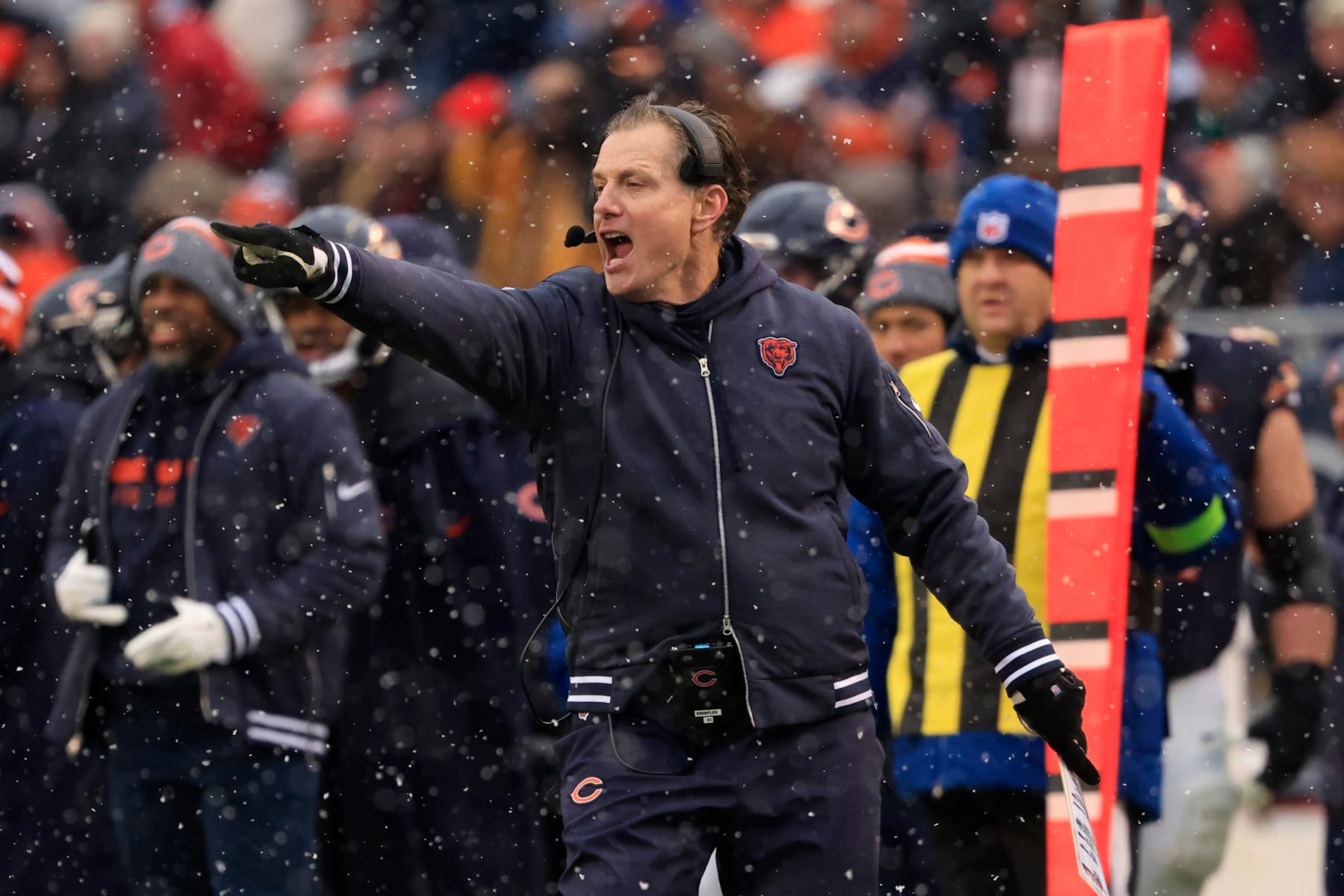 CHICAGO, ILLINOIS - DECEMBER 31: Head coach Matt Eberflus of the Chicago Bears reacts in the game against the Atlanta Falcons at Soldier Field on December 31, 2023 in Chicago, Illinois. (Photo by Justin Casterline/Getty Images)