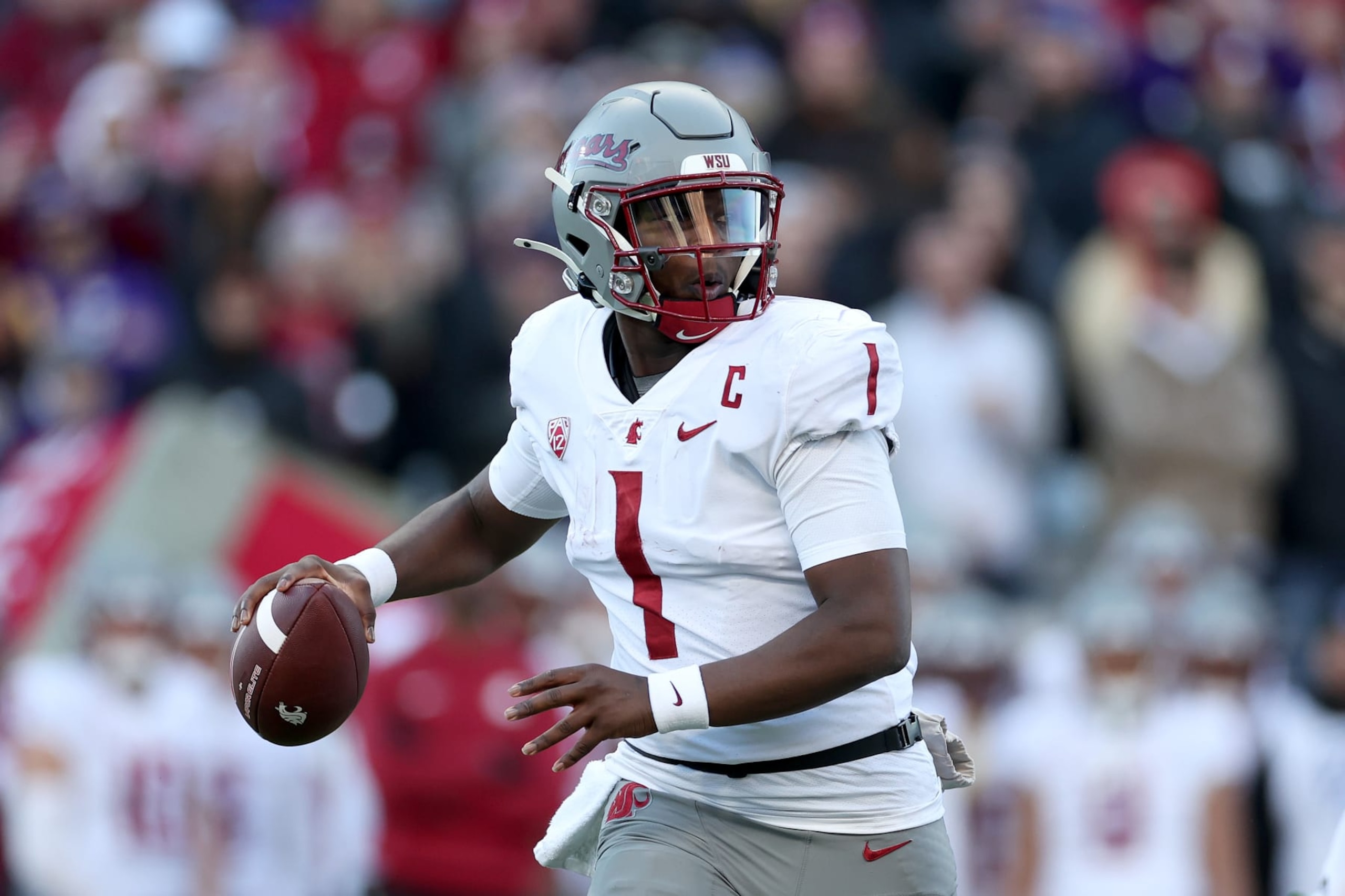 SEATTLE, WASHINGTON - NOVEMBER 25: Cameron Ward #1 of the Washington State Cougars passes against the Washington Huskies during the second quarter at Husky Stadium on November 25, 2023 in Seattle, Washington. (Photo by Steph Chambers/Getty Images)