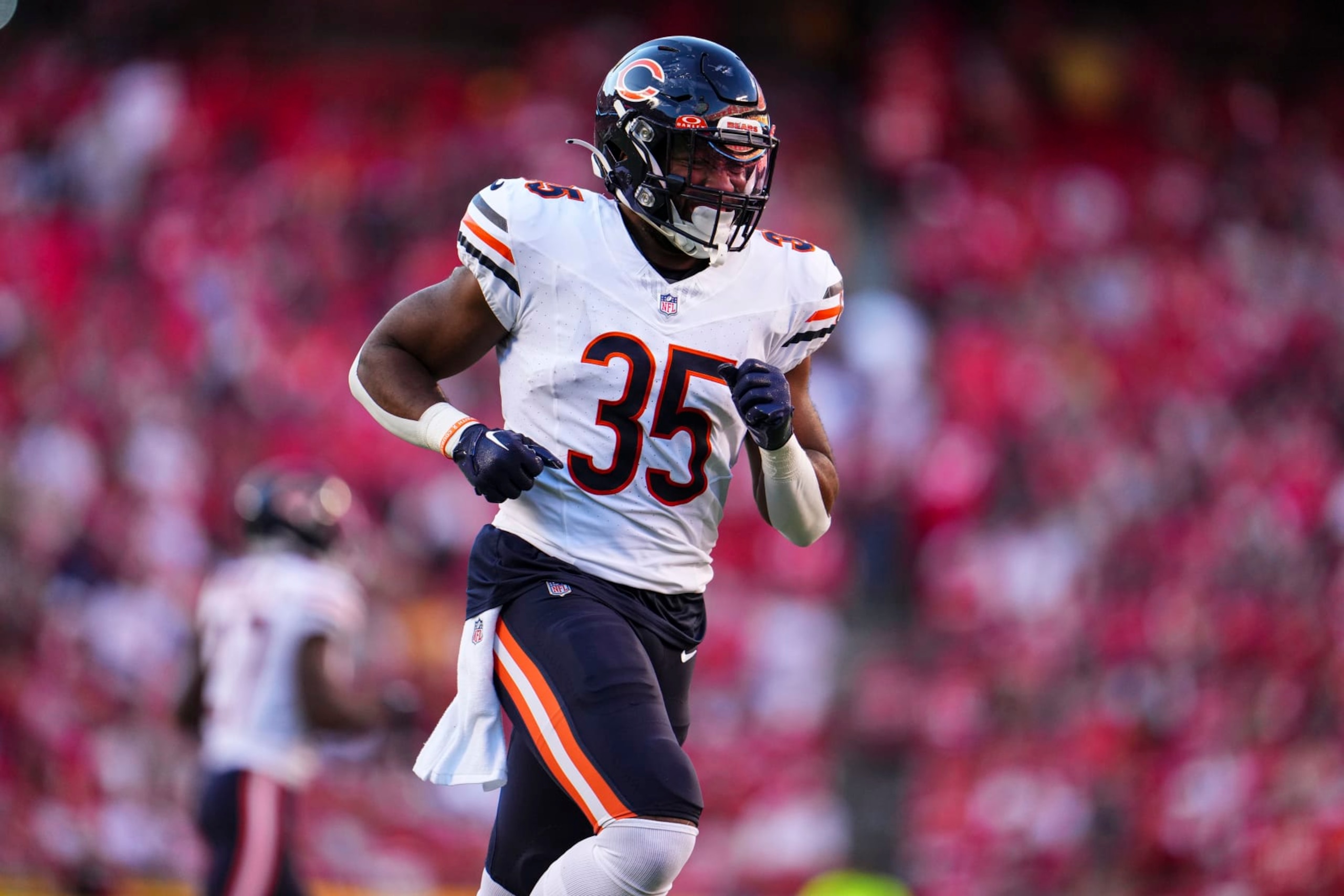 KANSAS CITY, MO - SEPTEMBER 24: Khari Blasingame #35 of the Chicago Bears runs down field during at GEHA Field at Arrowhead Stadium on September 24, 2023 in Kansas City, Missouri. (Photo by Cooper Neill/Getty Images)