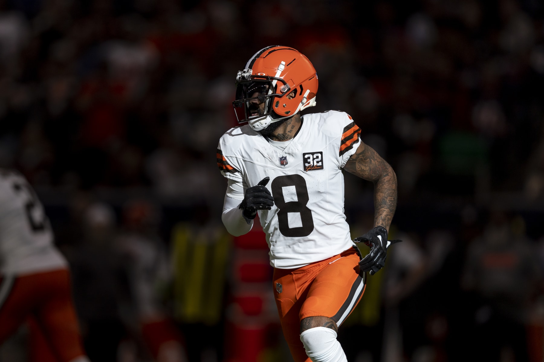 HOUSTON, TEXAS - JANUARY 13: Elijah Moore #8 of the Cleveland Browns runs during an NFL wild-card playoff football game between the Houston Texans and the Cleveland Browns at NRG Stadium on January 13, 2024 in Houston, Texas. (Photo by Michael Owens/Getty Images)