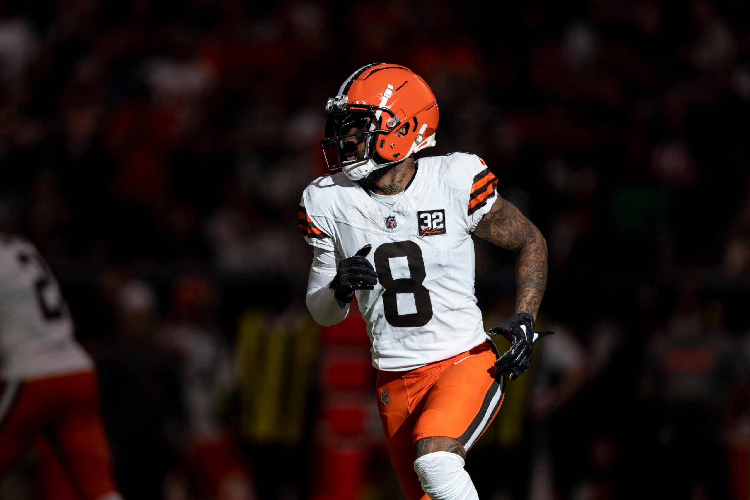 HOUSTON, TEXAS - JANUARY 13: Elijah Moore #8 of the Cleveland Browns runs during an NFL wild-card playoff football game between the Houston Texans and the Cleveland Browns at NRG Stadium on January 13, 2024 in Houston, Texas. (Photo by Michael Owens/Getty Images)