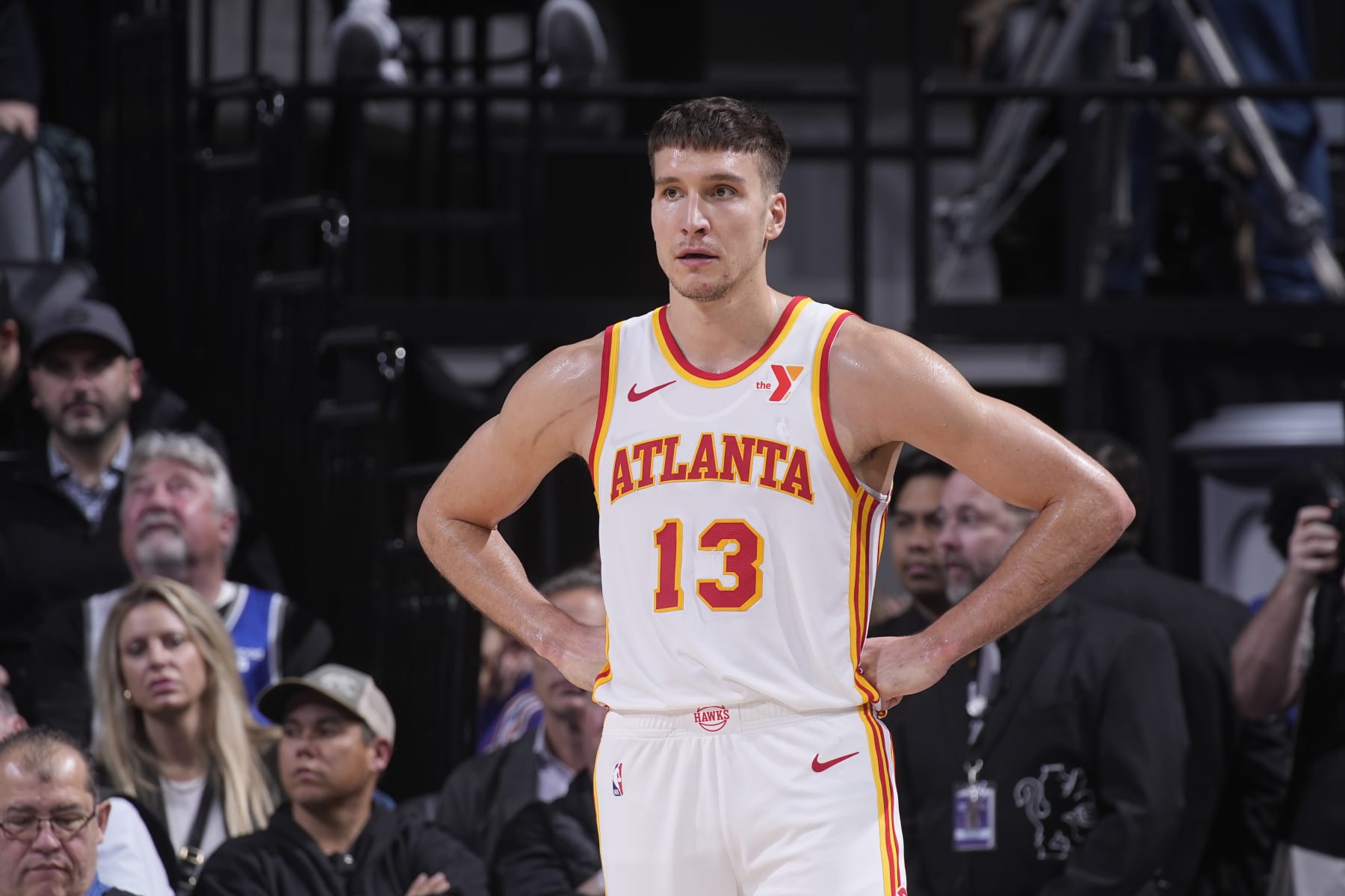 SACRAMENTO, CA - JANUARY 22: Bogdan Bogdanovic #13 of the Atlanta Hawks looks on during the game against the Sacramento Kings on January 22, 2024 at Golden 1 Center in Sacramento, California. NOTE TO USER: User expressly acknowledges and agrees that, by downloading and or using this photograph, User is consenting to the terms and conditions of the Getty Images Agreement. Mandatory Copyright Notice: Copyright 2024 NBAE (Photo by Rocky Widner/NBAE via Getty Images)