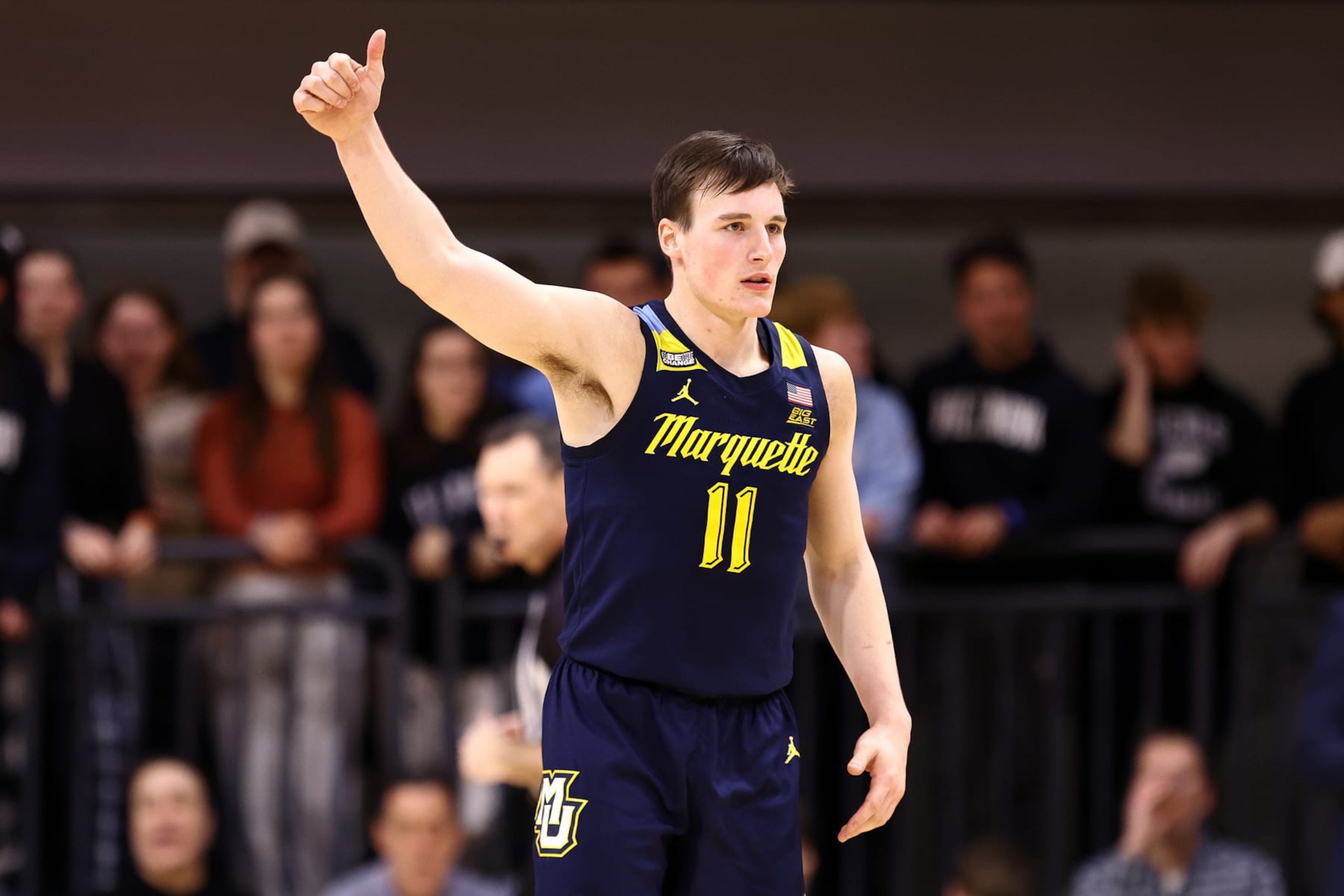 VILLANOVA, PENNSYLVANIA - JANUARY 30: Tyler Kolek #11 of the Marquette Golden Eagles reacts during the second half against the Villanova Wildcats at Finneran Pavilion on January 30, 2024 in Villanova, Pennsylvania. (Photo by Tim Nwachukwu/Getty Images)