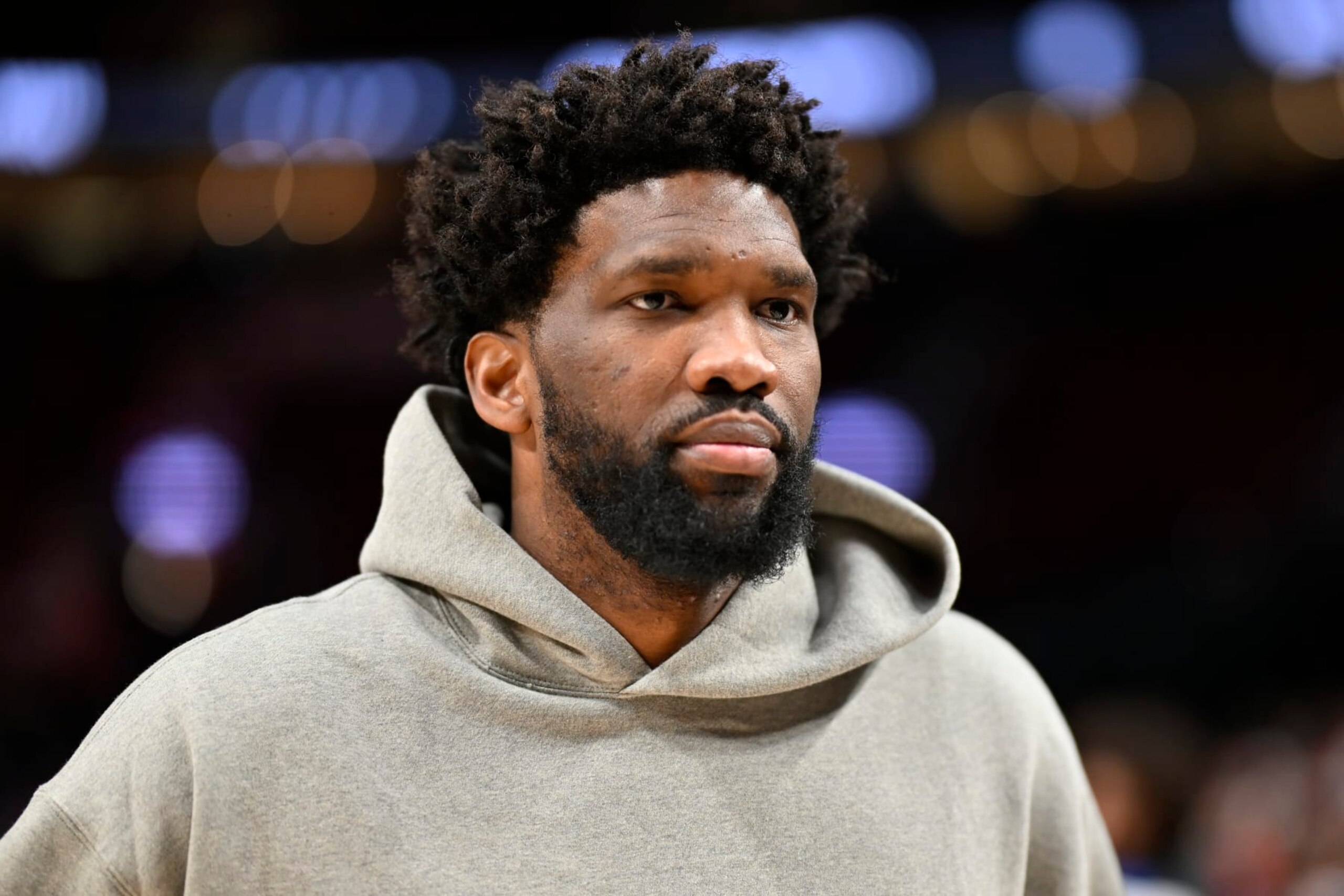 PORTLAND, OREGON - JANUARY 29: Joel Embiid of the Philadelphia 76ers looks on after the game against the Portland Trail Blazers at the Moda Center on January 29, 2024 in Portland, Oregon. The Portland Trail Blazers won 130-104. NOTE TO USER: User expressly acknowledges and agrees that, by downloading and or using this photograph, User is consenting to the terms and conditions of the Getty Images License Agreement. (Photo by Alika Jenner/Getty Images)