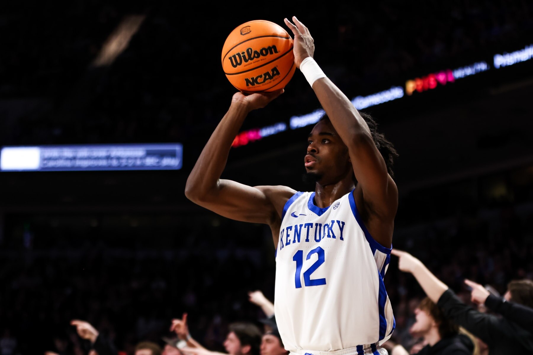 COLUMBIA, SC - JANUARY 23: Antonio Reeves #12 of the Kentucky Wildcats shoots the ball during a basketball game against the South Carolina Gamecocks at Colonial Life Arena on January 23, 2024 in Columbia, SC. (Photo by David Jensen/Icon Sportswire via Getty Images)