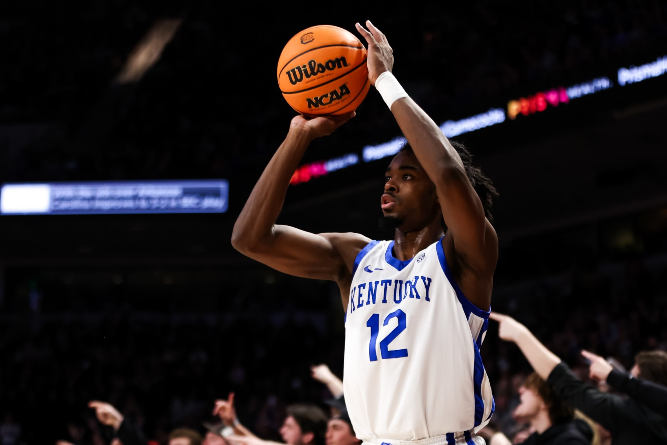COLUMBIA, SC - JANUARY 23: Antonio Reeves #12 of the Kentucky Wildcats shoots the ball during a basketball game against the South Carolina Gamecocks at Colonial Life Arena on January 23, 2024 in Columbia, SC. (Photo by David Jensen/Icon Sportswire via Getty Images)