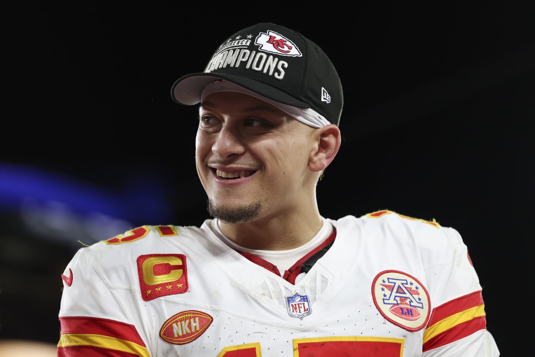 BALTIMORE, MARYLAND - JANUARY 28: Patrick Mahomes #15 of the Kansas City Chiefs reacts after the AFC championship game against the Baltimore Ravens at M&T Bank Stadium on January 28, 2024 in Baltimore, Maryland. (Photo by Kara Durrette/Getty Images)
