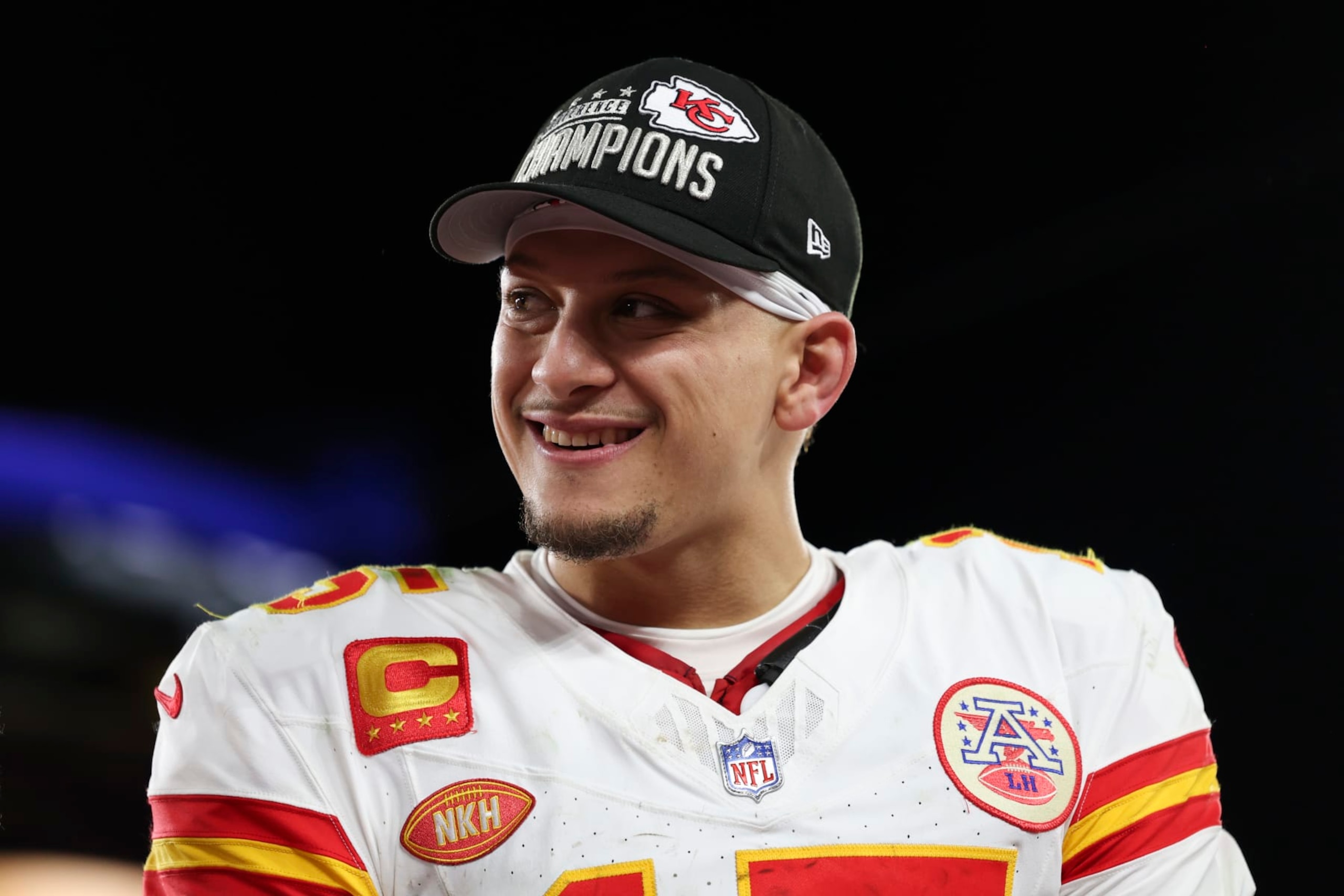 BALTIMORE, MARYLAND - JANUARY 28: Patrick Mahomes #15 of the Kansas City Chiefs reacts after the AFC championship game against the Baltimore Ravens at M&T Bank Stadium on January 28, 2024 in Baltimore, Maryland. (Photo by Kara Durrette/Getty Images)