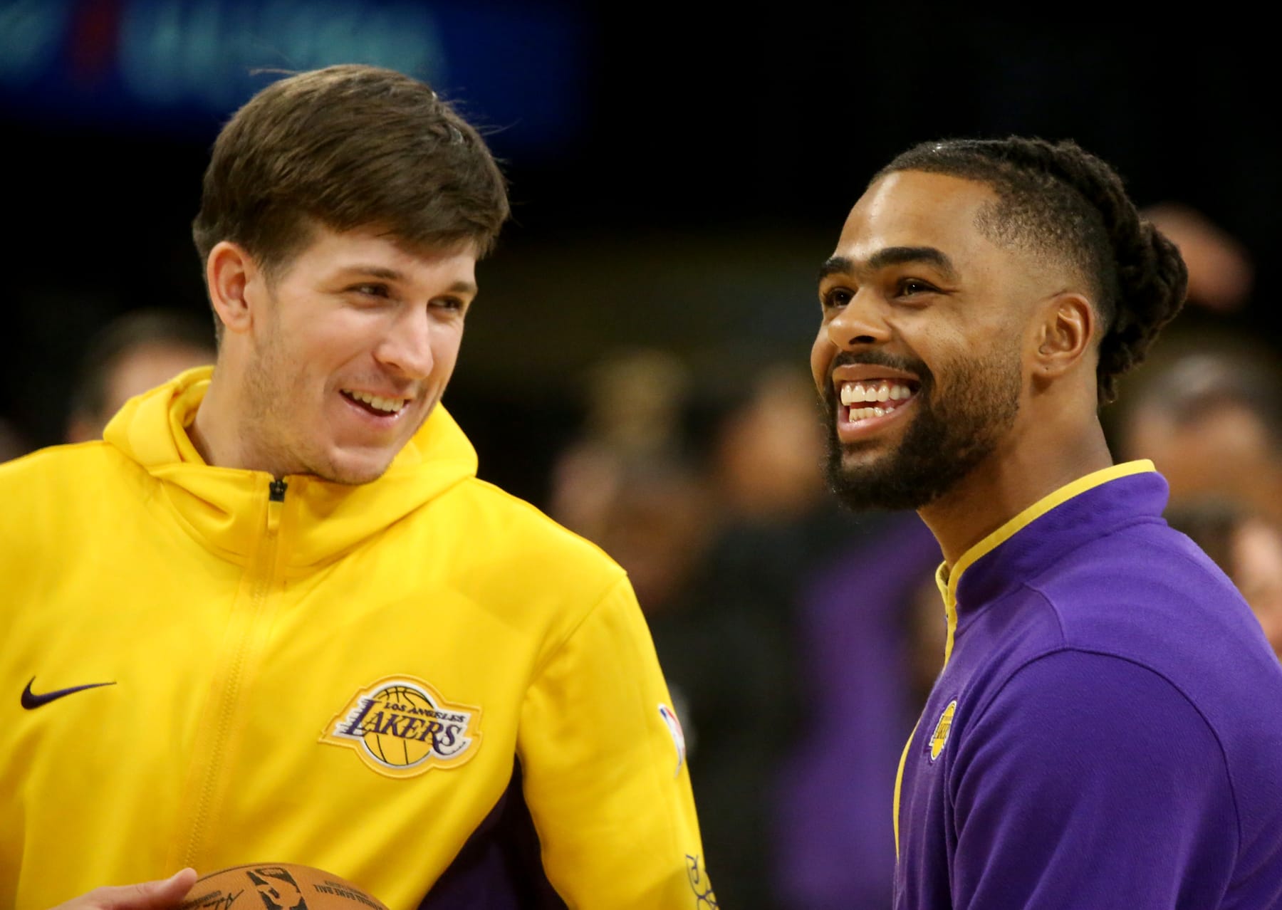 Los Angeles, CA -  Lakers guards Austin Reaves, left, and  D'Angelo Russell warm up before a game against the Kings at crypto.com Arena in Los Angeles on Wednesday night, Nov. 15, 2023. (Luis Sinco / Los Angeles Times via Getty Images)
