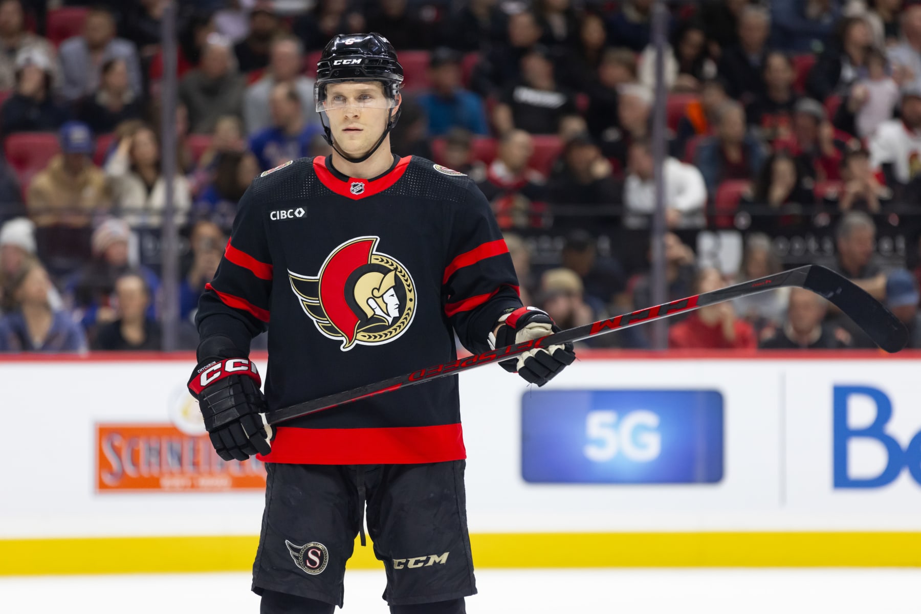 OTTAWA, ON - JANUARY 27: Ottawa Senators Defenceman Jakob Chychrun (6) before a face-off during first period National Hockey League action between the New York Rangers and Ottawa Senators on January 27, 2024, at Canadian Tire Centre in Ottawa, ON, Canada. (Photo by Richard A. Whittaker/Icon Sportswire via Getty Images)