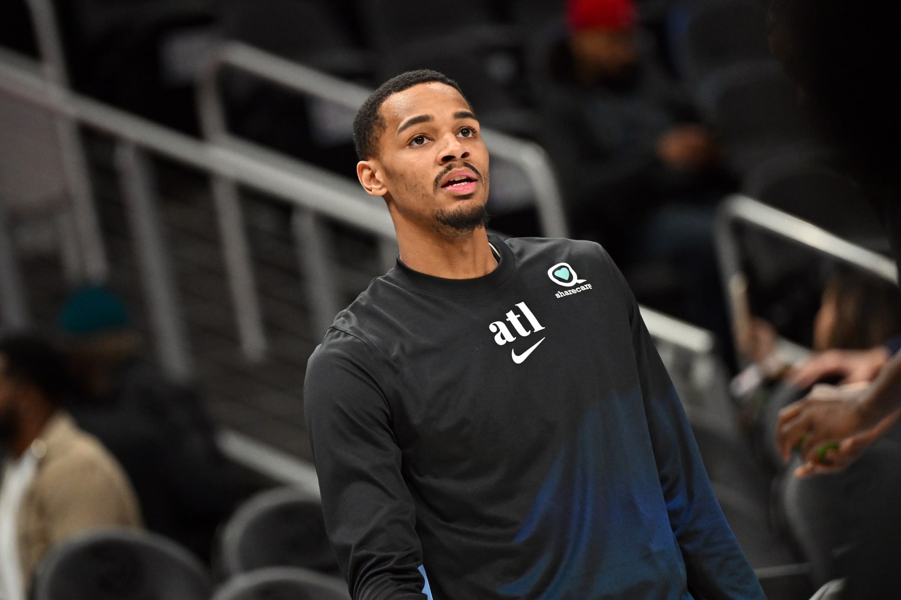 ATLANTA, GEORGIA - JANUARY 30: Dejounte Murray #5 of the Atlanta Hawks warms up before the game against the Los Angeles Lakers on January 30, 2024 at State Farm Arena in Atlanta, Georgia. NOTE TO USER: User expressly acknowledges and agrees that, by downloading and or using this photograph, User is consenting to the terms and conditions of the Getty Images License Agreement. (Photo by Paras Griffin/Getty Images)