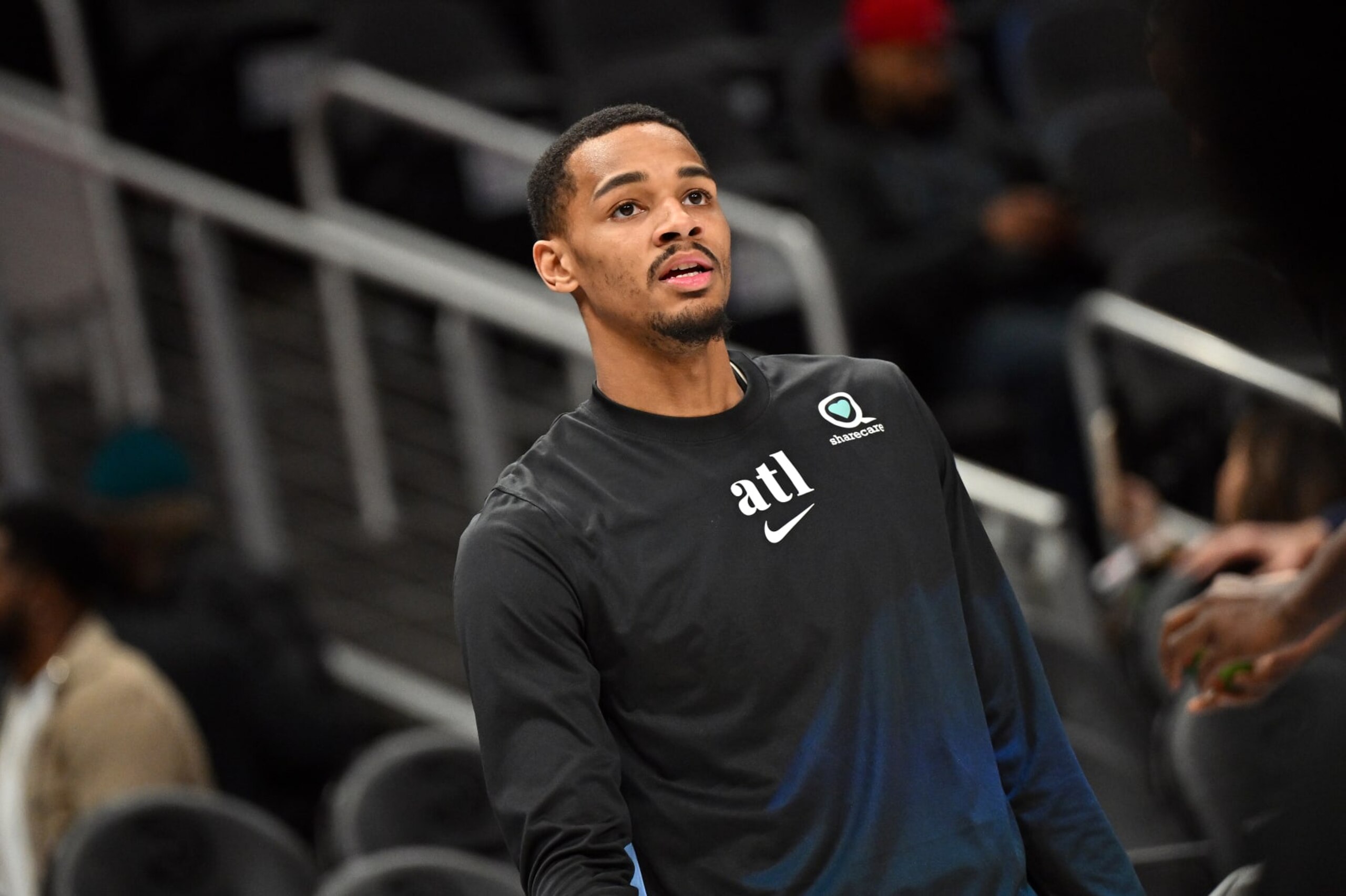 ATLANTA, GEORGIA - JANUARY 30: Dejounte Murray #5 of the Atlanta Hawks warms up before the game against the Los Angeles Lakers on January 30, 2024 at State Farm Arena in Atlanta, Georgia. NOTE TO USER: User expressly acknowledges and agrees that, by downloading and or using this photograph, User is consenting to the terms and conditions of the Getty Images License Agreement. (Photo by Paras Griffin/Getty Images)