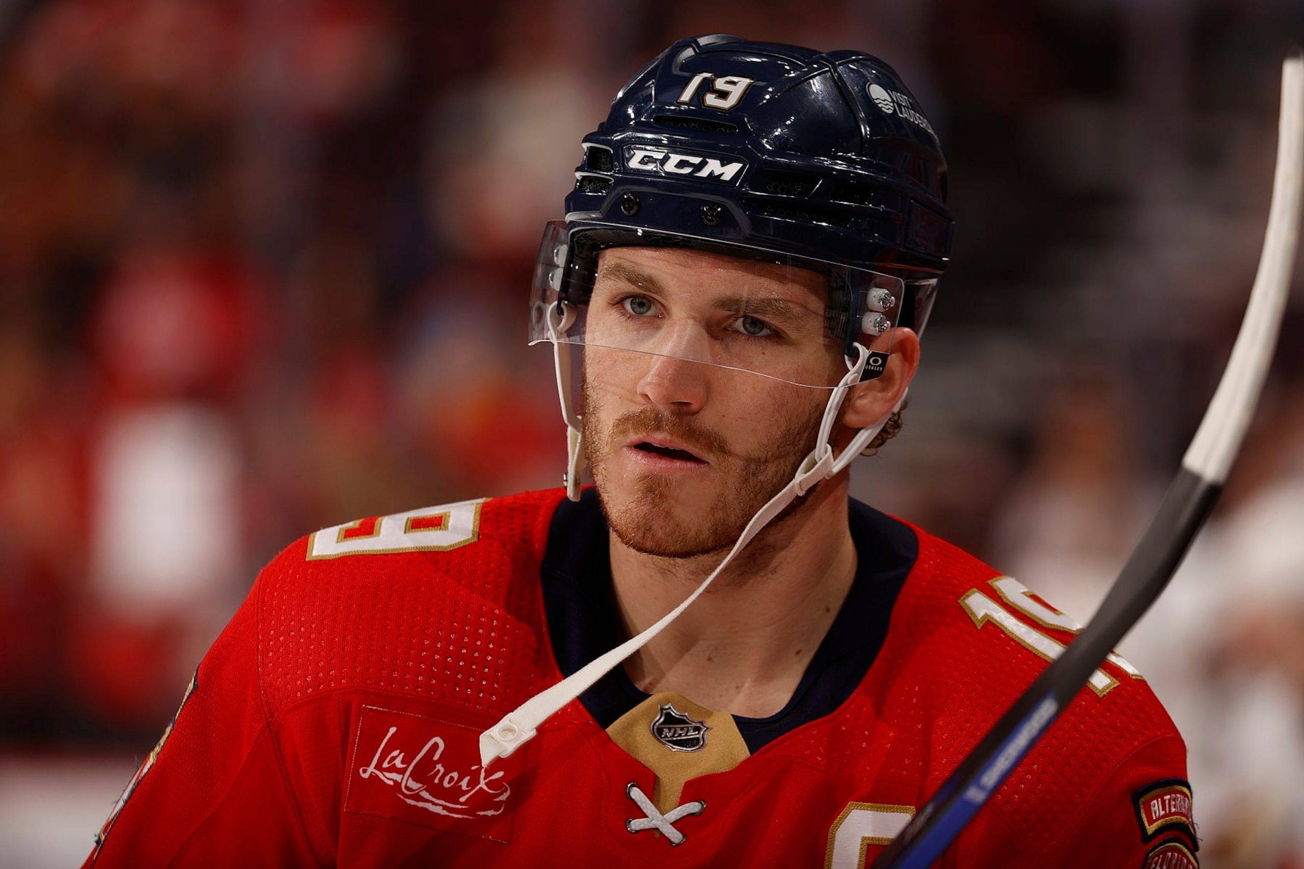 SUNRISE, FLORIDA - JANUARY 15: Matthew Tkachuk #19 of the Florida Panthers skates on the ice during warm ups prior to their game against the Anaheim Ducks at the Amerant Bank Arena on January 15, 2024 in Sunrise, Florida. (Photo by Eliot J. Schechter/NHLI via Getty Images)