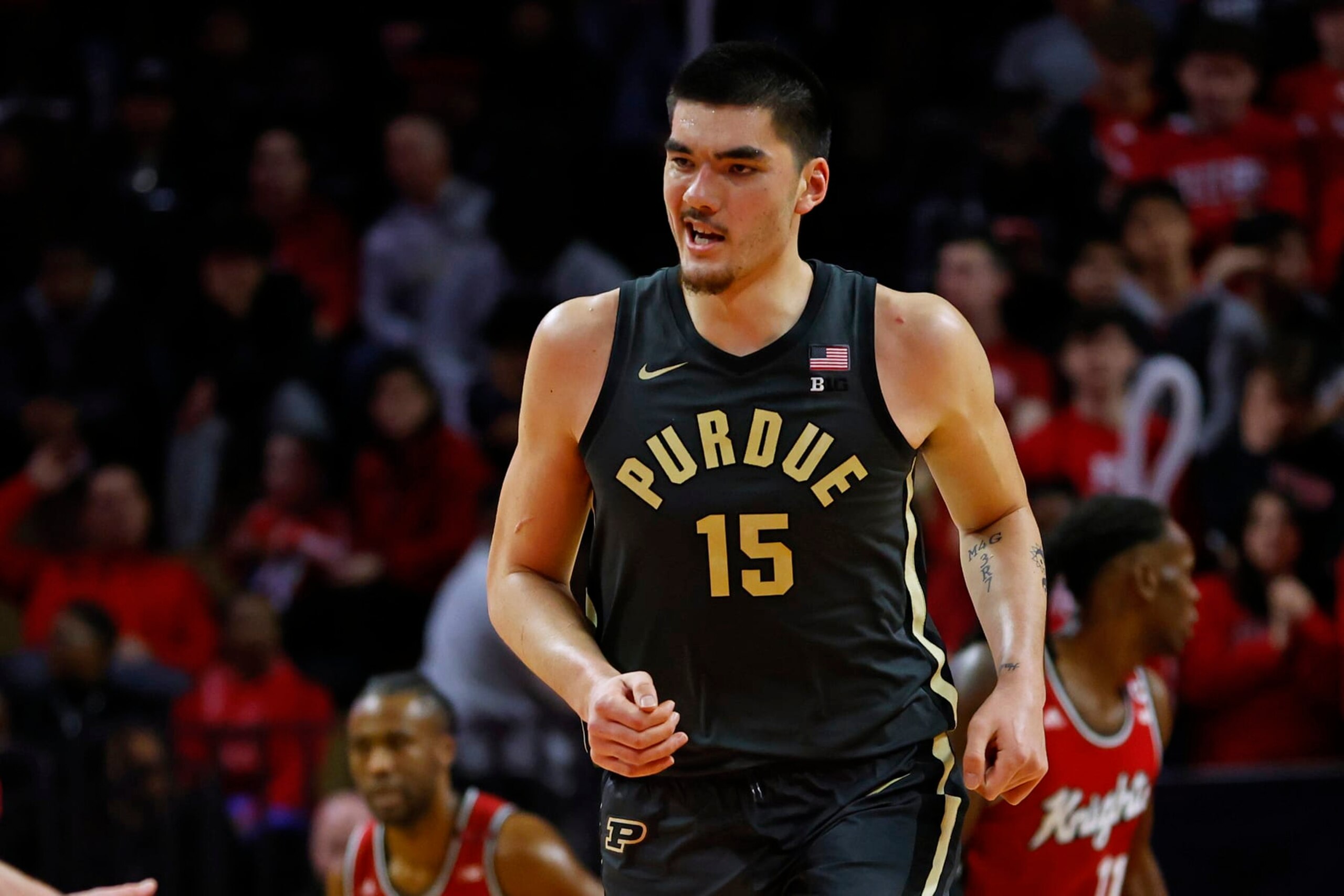 PISCATAWAY, NEW JERSEY - JANUARY 28: Zach Edey #15 of the Purdue Boilermakers reacts the Rutgers Scarlet Knights during the first half of a game at Jersey Mike's Arena on January 28, 2024 in Piscataway, New Jersey. (Photo by Rich Schultz/Getty Images)