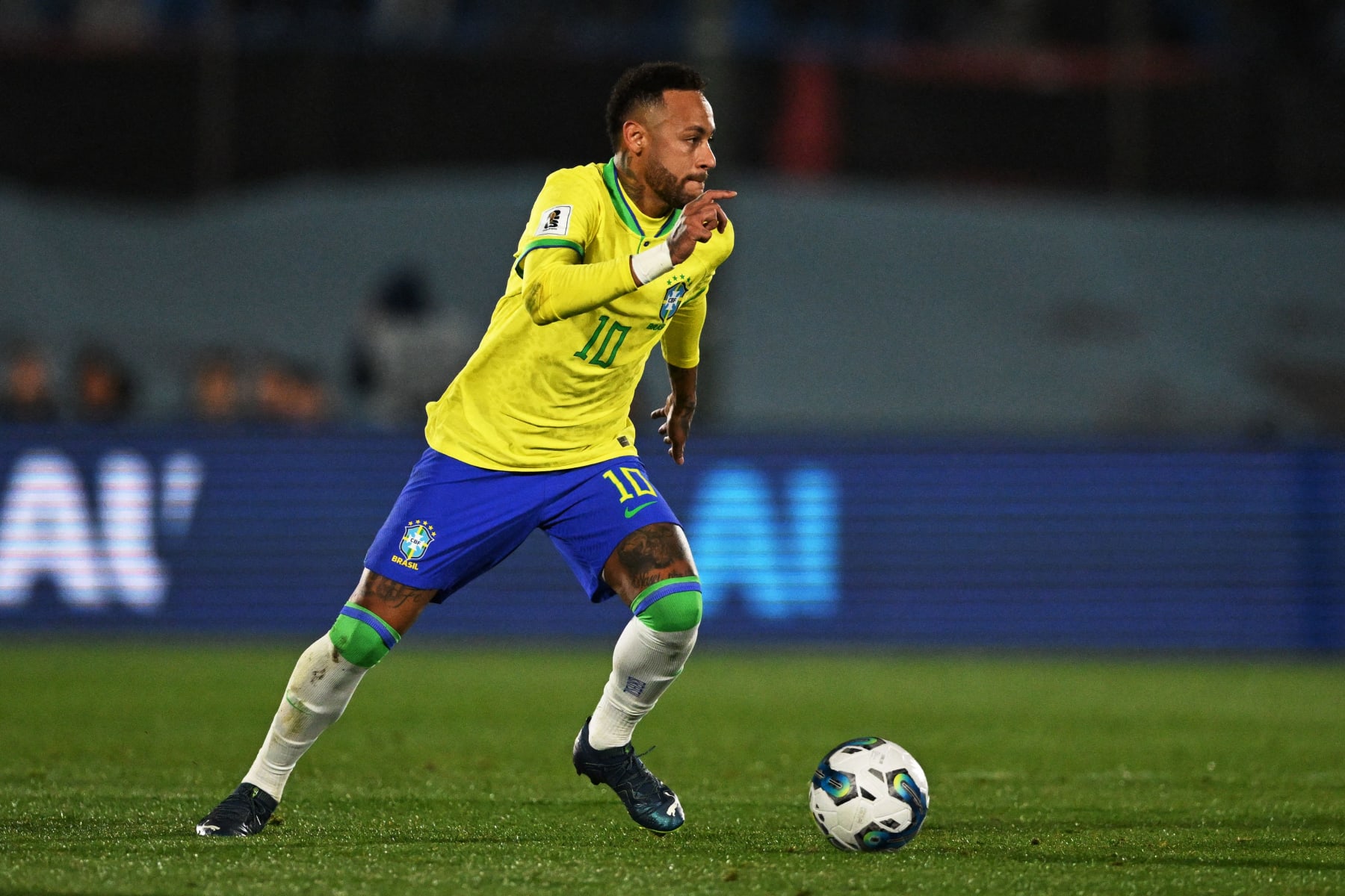 Brazil's forward Neymar controls the ball during the 2026 FIFA World Cup South American qualification football match between Uruguay and Brazil at the Centenario Stadium in Montevideo on October 17, 2023. (Photo by Eitan ABRAMOVICH / AFP) (Photo by EITAN ABRAMOVICH/AFP via Getty Images)