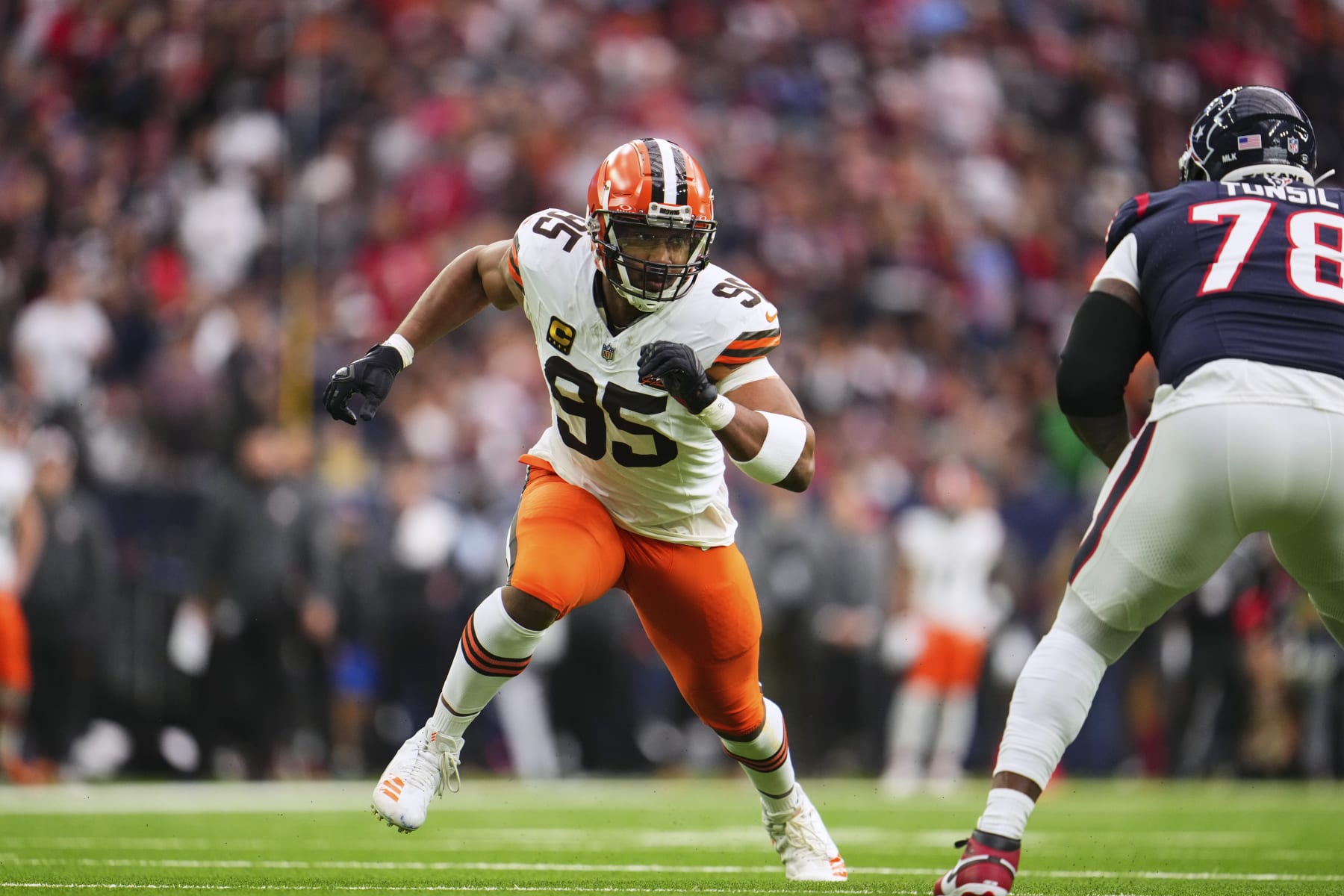 HOUSTON, TX - JANUARY 13: Myles Garrett #95 of the Cleveland Browns defends against the Houston Texans during the first half of the AFC Wild Card playoff game at NRG Stadium on January 13, 2024 in Houston, Texas. (Photo by Cooper Neill/Getty Images)