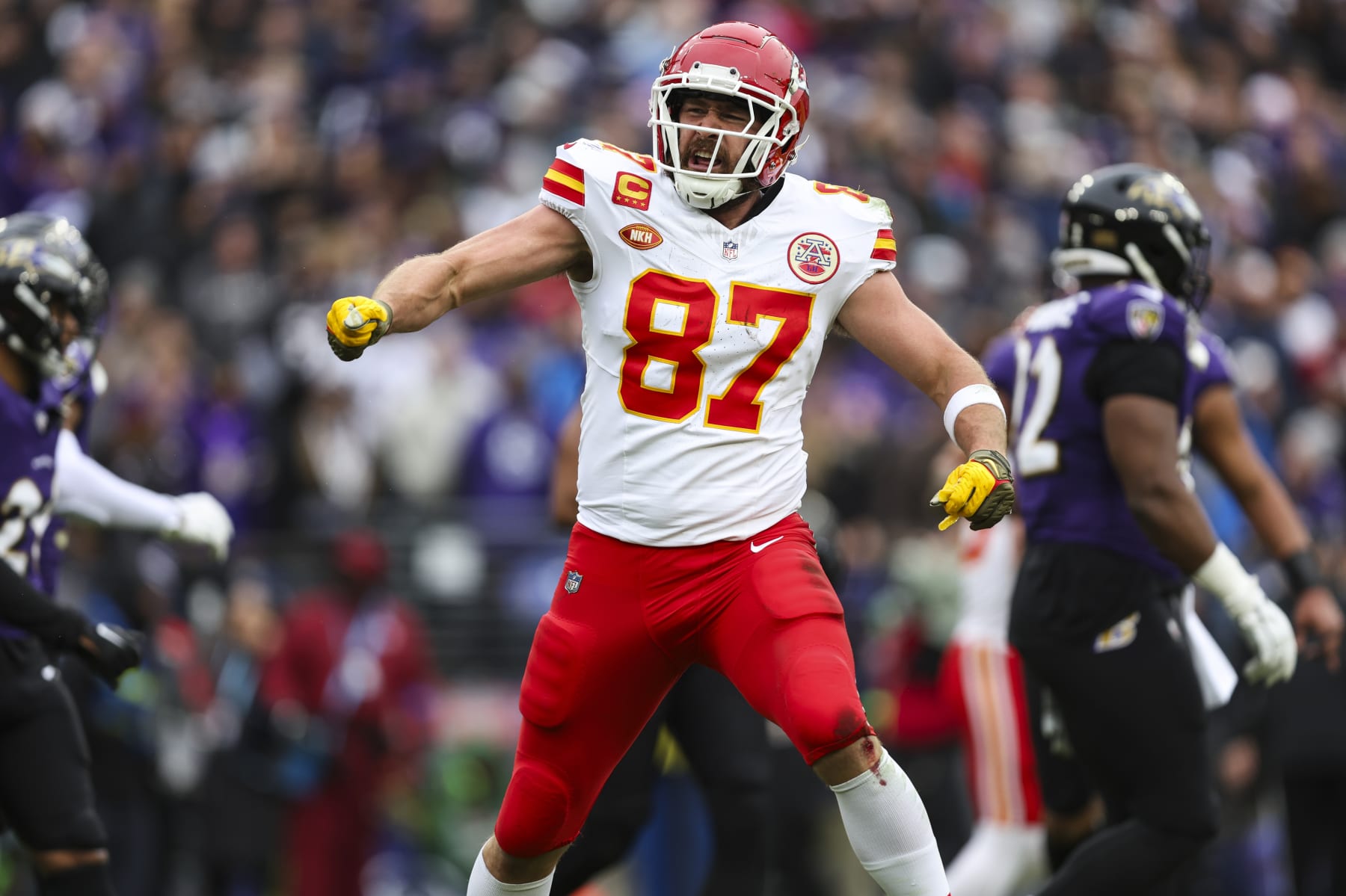 BALTIMORE, MD - JANUARY 28: Travis Kelce #87 of the Kansas City Chiefs celebrates during the AFC Championship NFL football game against the Baltimore Ravens at M&T Bank Stadium on January 28, 2024 in Baltimore, Maryland. (Photo by Perry Knotts/Getty Images)