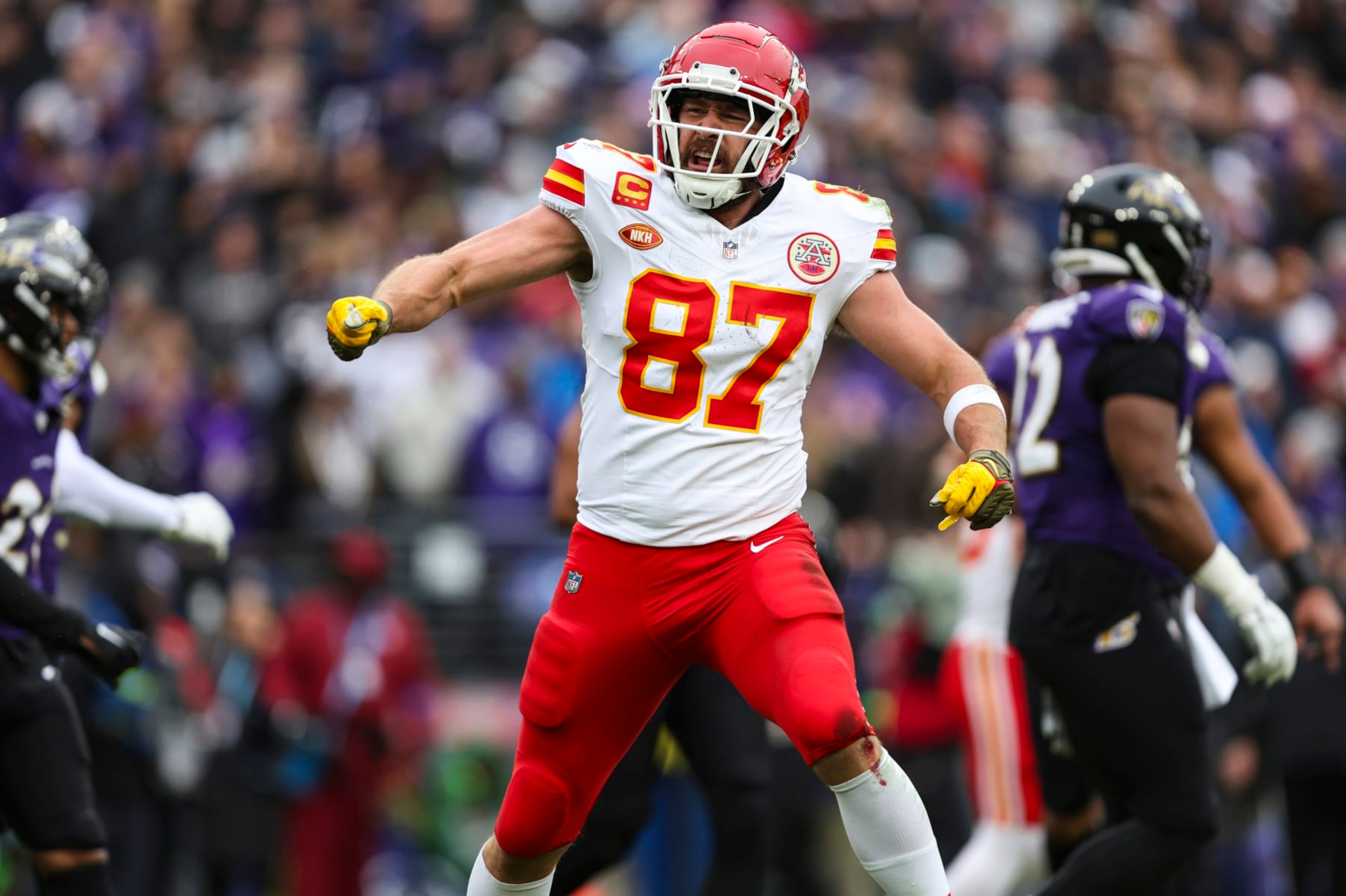 BALTIMORE, MD - JANUARY 28: Travis Kelce #87 of the Kansas City Chiefs celebrates during the AFC Championship NFL football game against the Baltimore Ravens at M&T Bank Stadium on January 28, 2024 in Baltimore, Maryland. (Photo by Perry Knotts/Getty Images) BALTIMORE, MD - JANUARY 28: Travis Kelce #87 of the Kansas City Chiefs celebrates during the AFC Championship NFL football game against the Baltimore Ravens at M&T Bank Stadium on January 28, 2024 in Baltimore, Maryland. (Photo by Perry Knotts/Getty Images)