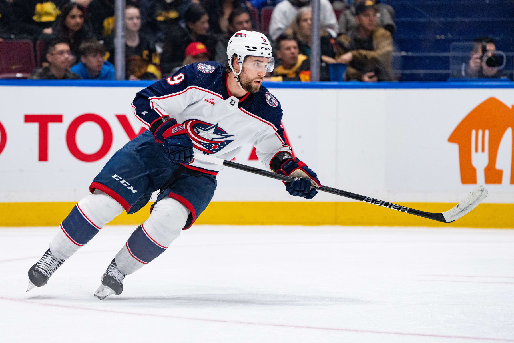 VANCOUVER, BC - JANUARY 27:Columbus Blue Jackets defenseman Ivan Provorov (9) skates up the ice during an NHL game between the Columbus Blue Jackets and the Vancouver Canucks on Saturday, January 27, 2024 at Rogers Arena in Vancouver, B.C. (Photo by Ethan Cairns/Icon Sportswire via Getty Images)