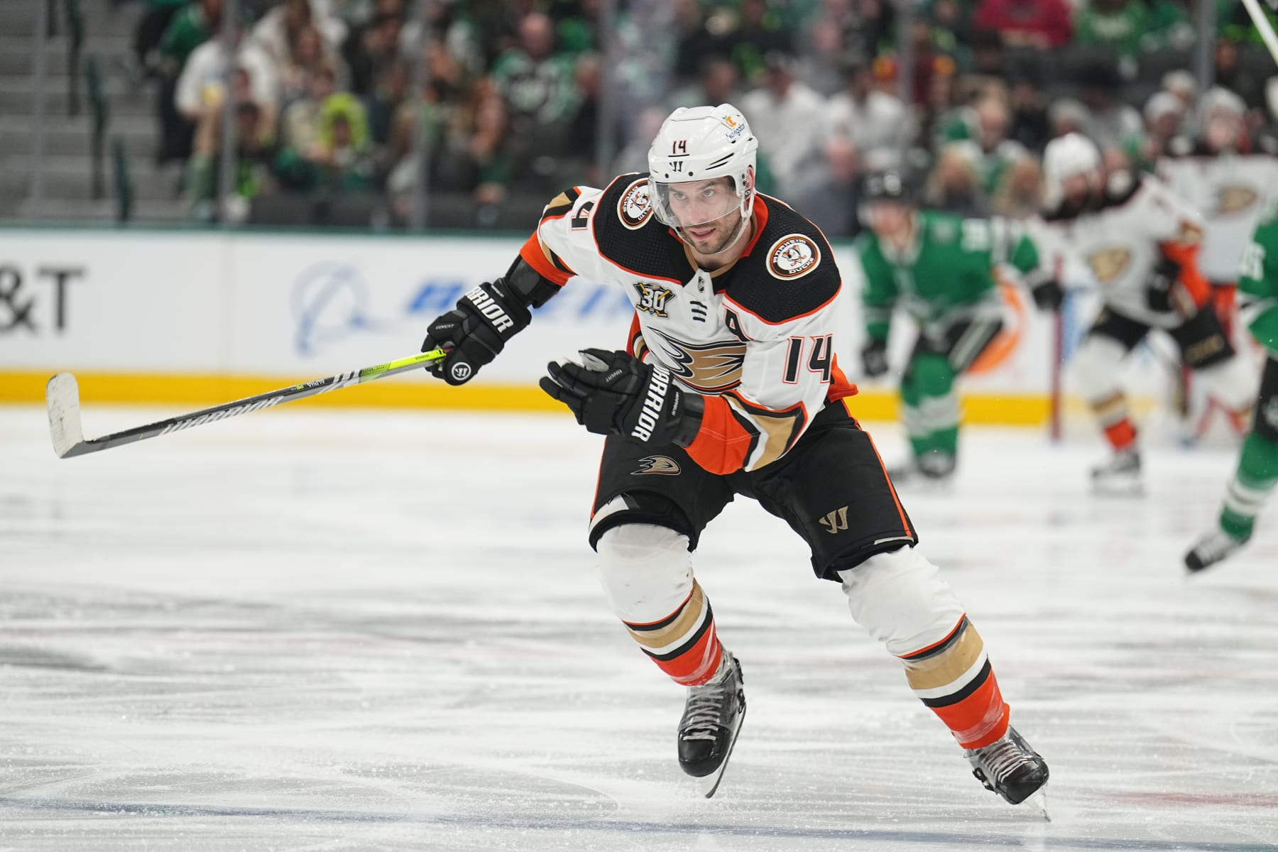 DALLAS, TX - JANUARY 25: Adam Henrique #14 of the Anaheim Ducks skates against the Dallas Stars at the American Airlines Center on January 25, 2024 in Dallas, Texas. (Photo by Glenn James/NHLI via Getty Images)
