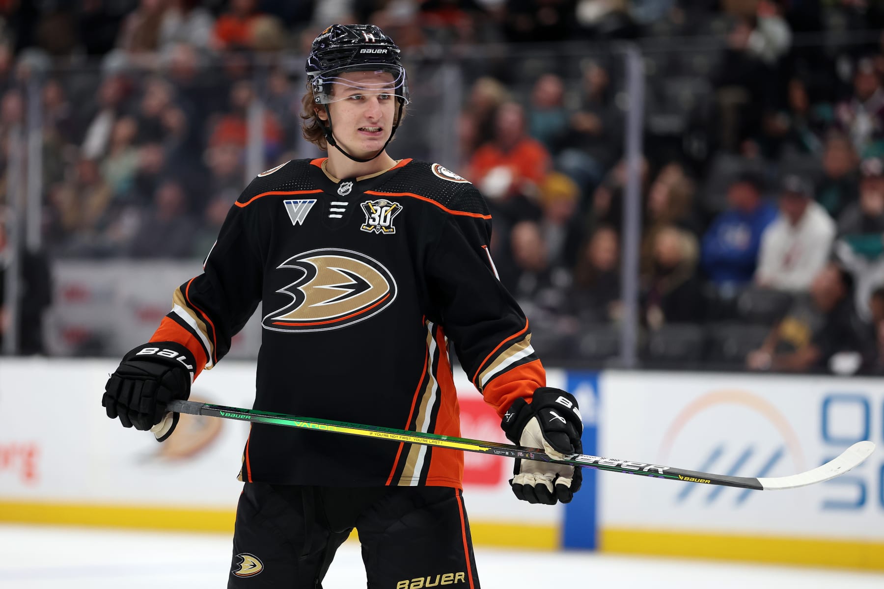 ANAHEIM, CALIFORNIA - JANUARY 05: Trevor Zegras #11 of the Anaheim Ducks looks on during the first period of a game against the Winnipeg Jets at Honda Center on January 05, 2024 in Anaheim, California. (Photo by Sean M. Haffey/Getty Images)