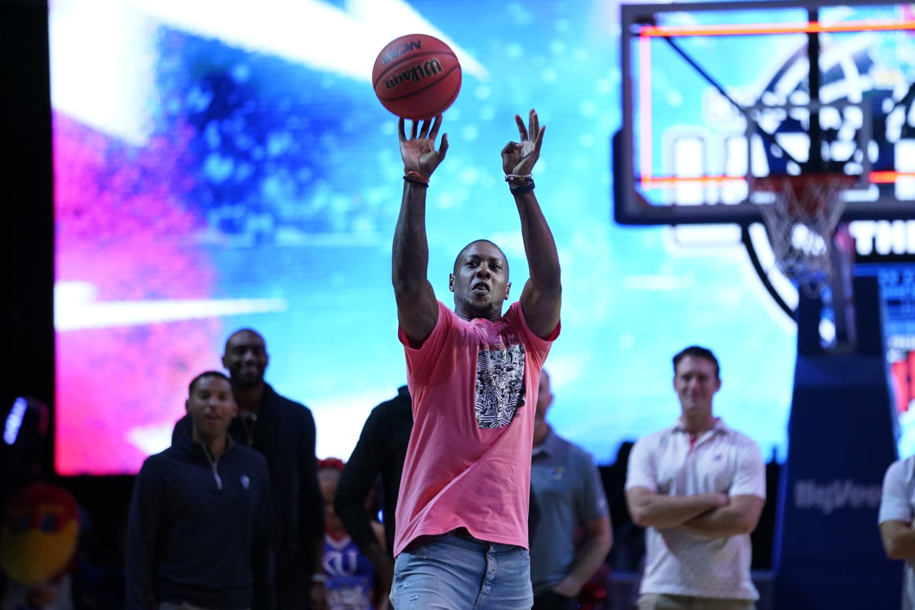 LAWRENCE, KANSAS - OCTOBER 14: Former Kansas Jayhawks Mario Chalmers shoots during Late Night in the Phog at Allen Fieldhouse on October 14, 2022 in Lawrence, Kansas. (Photo by Ed Zurga/Getty Images)