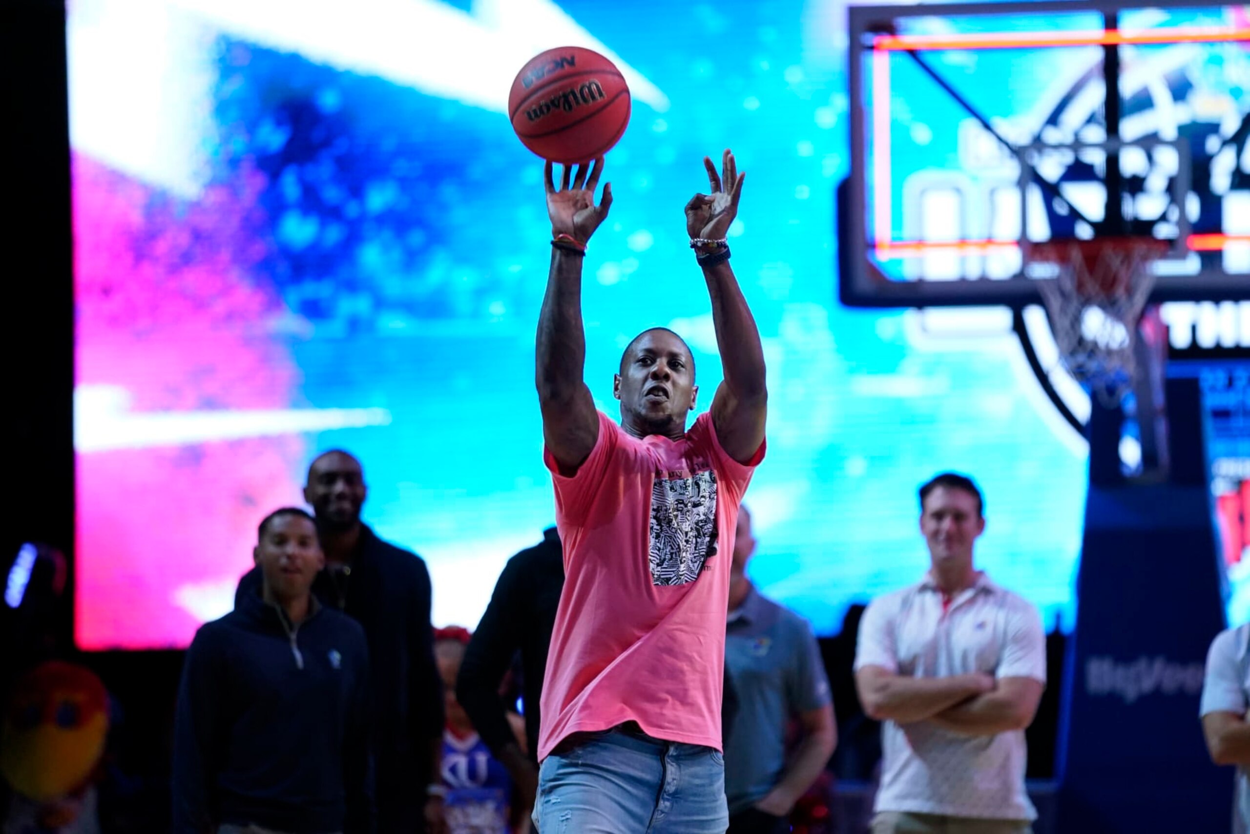 LAWRENCE, KANSAS - OCTOBER 14: Former Kansas Jayhawks Mario Chalmers shoots during Late Night in the Phog at Allen Fieldhouse on October 14, 2022 in Lawrence, Kansas. (Photo by Ed Zurga/Getty Images)