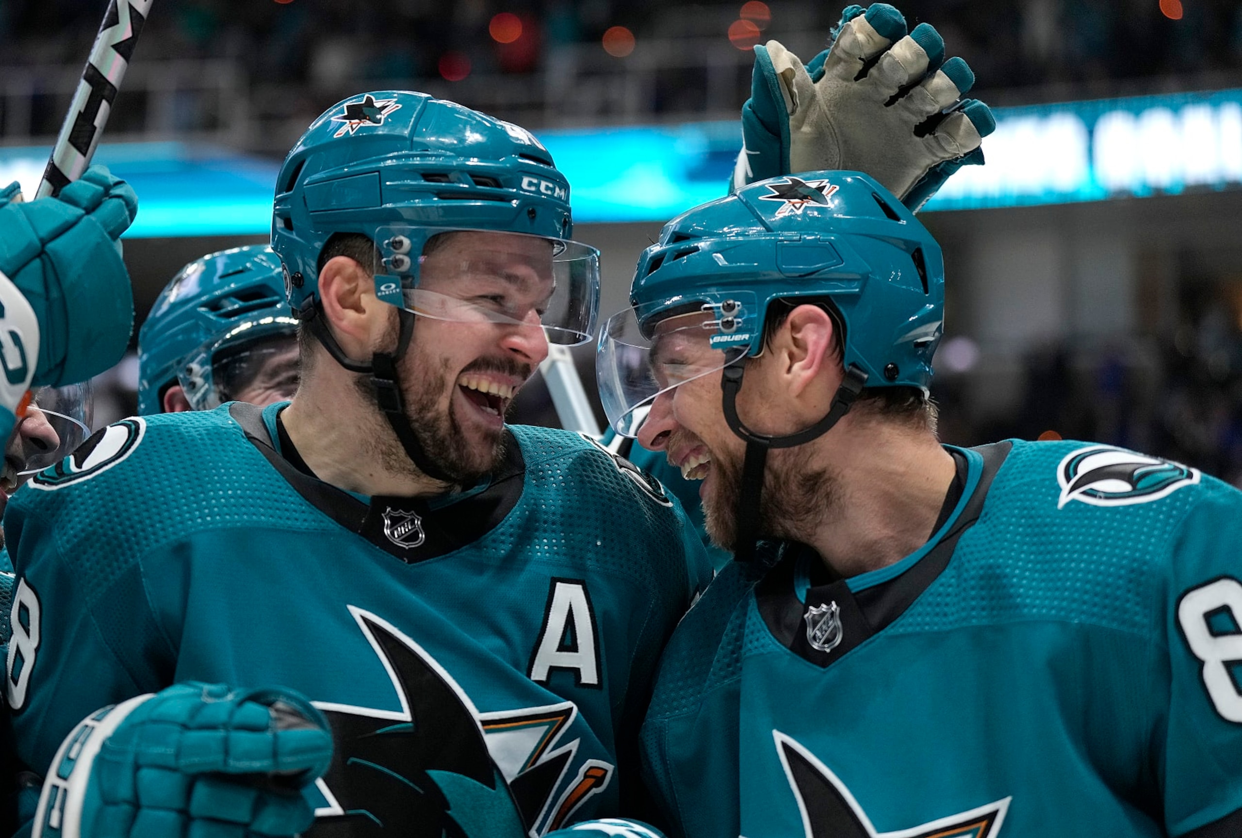 SAN JOSE, CALIFORNIA - JANUARY 23: Tomas Hertl #48 (L) and Jan Rutta #84 of the San Jose Sharks celebrates after Hertl scored the winning goal in overtime against the New York Rangers at SAP Center on January 23, 2024 in San Jose, California. The Sharks won the game 3-2. (Photo by Thearon W. Henderson/Getty Images)