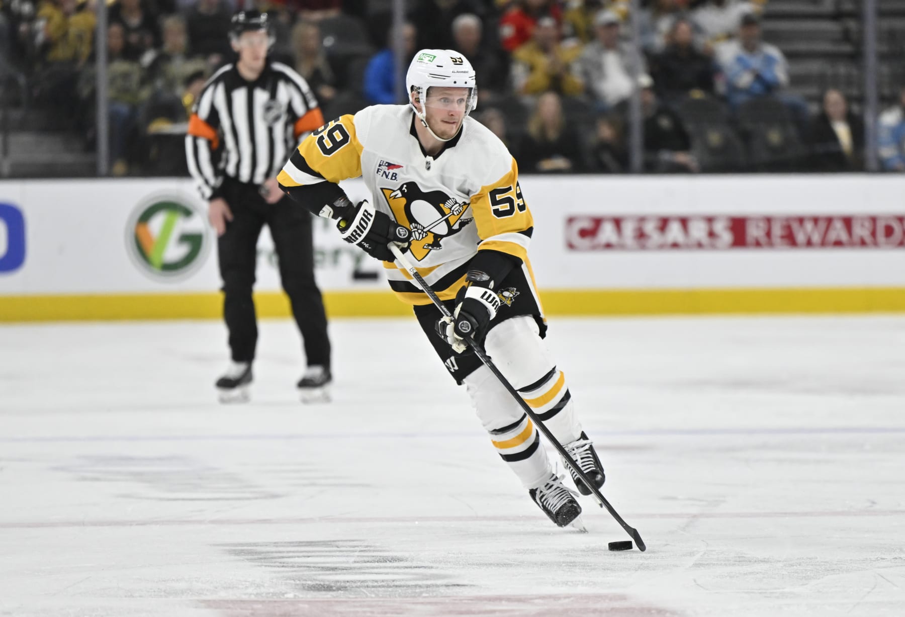 LAS VEGAS, NEVADA - JANUARY 20: Jake Guentzel #59 of the Pittsburgh Penguins skates during the second period against the Vegas Golden Knights at T-Mobile Arena on January 20, 2024 in Las Vegas, Nevada. (Photo by David Becker/NHLI via Getty Images)
