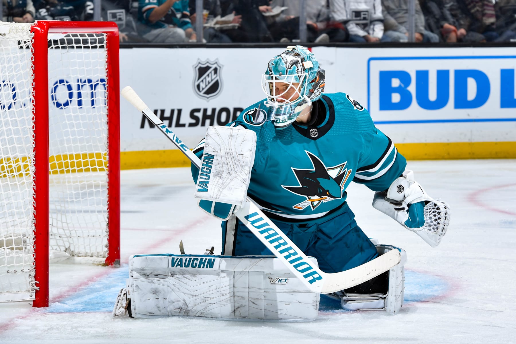 LOS ANGELES, CA - JANUARY 22: Kaapo Kahkonen #36 of the San Jose Sharks protects the goal during the first period against the Los Angeles Kings at Crypto.com Arena on January 22, 2024 in Los Angeles, California. (Photo by Juan Ocampo/NHLI via Getty Images)