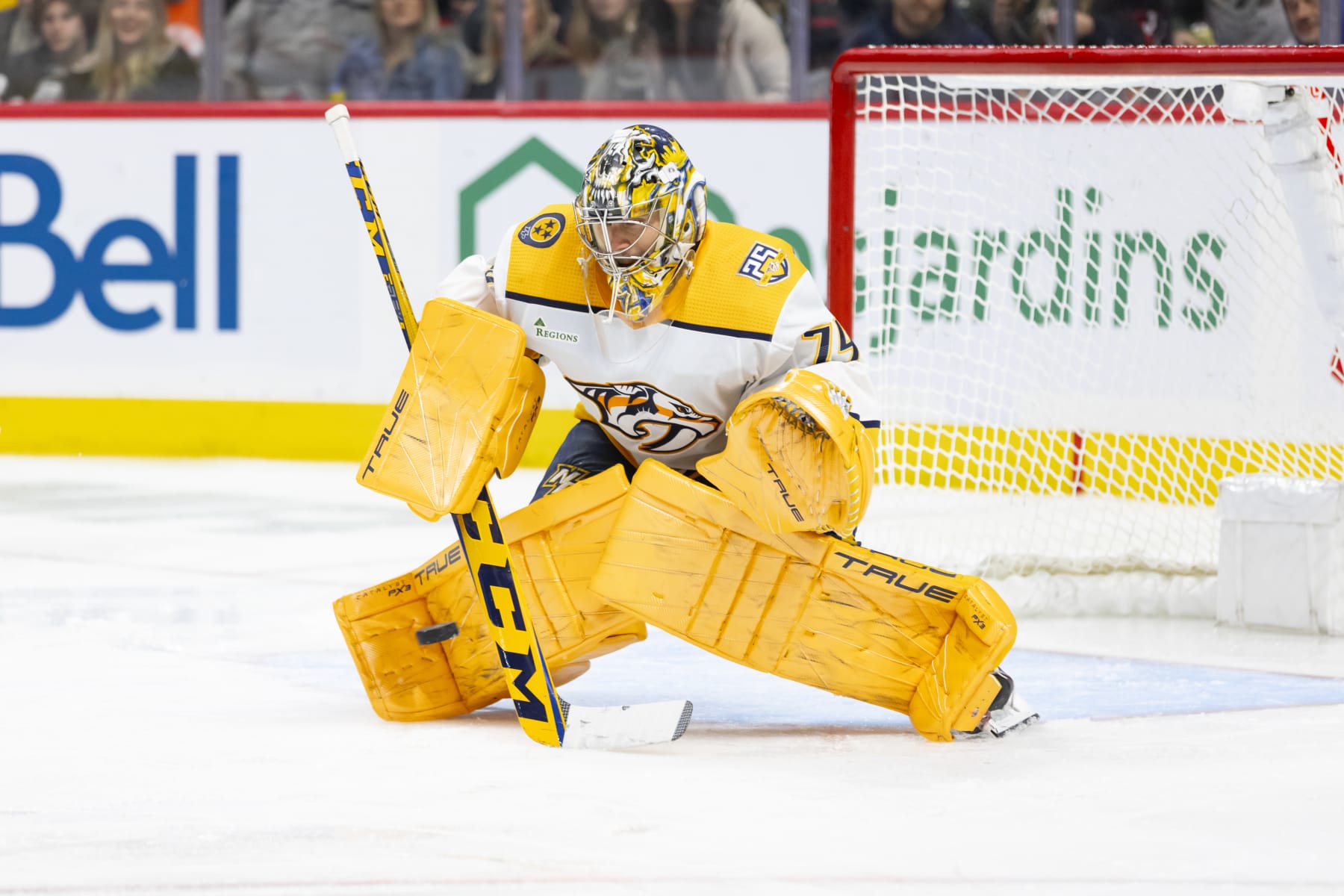 OTTAWA, ON - JANUARY 29: Nashville Predators Goalie Juuse Saros (74) prepares to make a save during third period National Hockey League action between the Nashville Predators and Ottawa Senators on January 29, 2024, at Canadian Tire Centre in Ottawa, ON, Canada. (Photo by Richard A. Whittaker/Icon Sportswire via Getty Images)