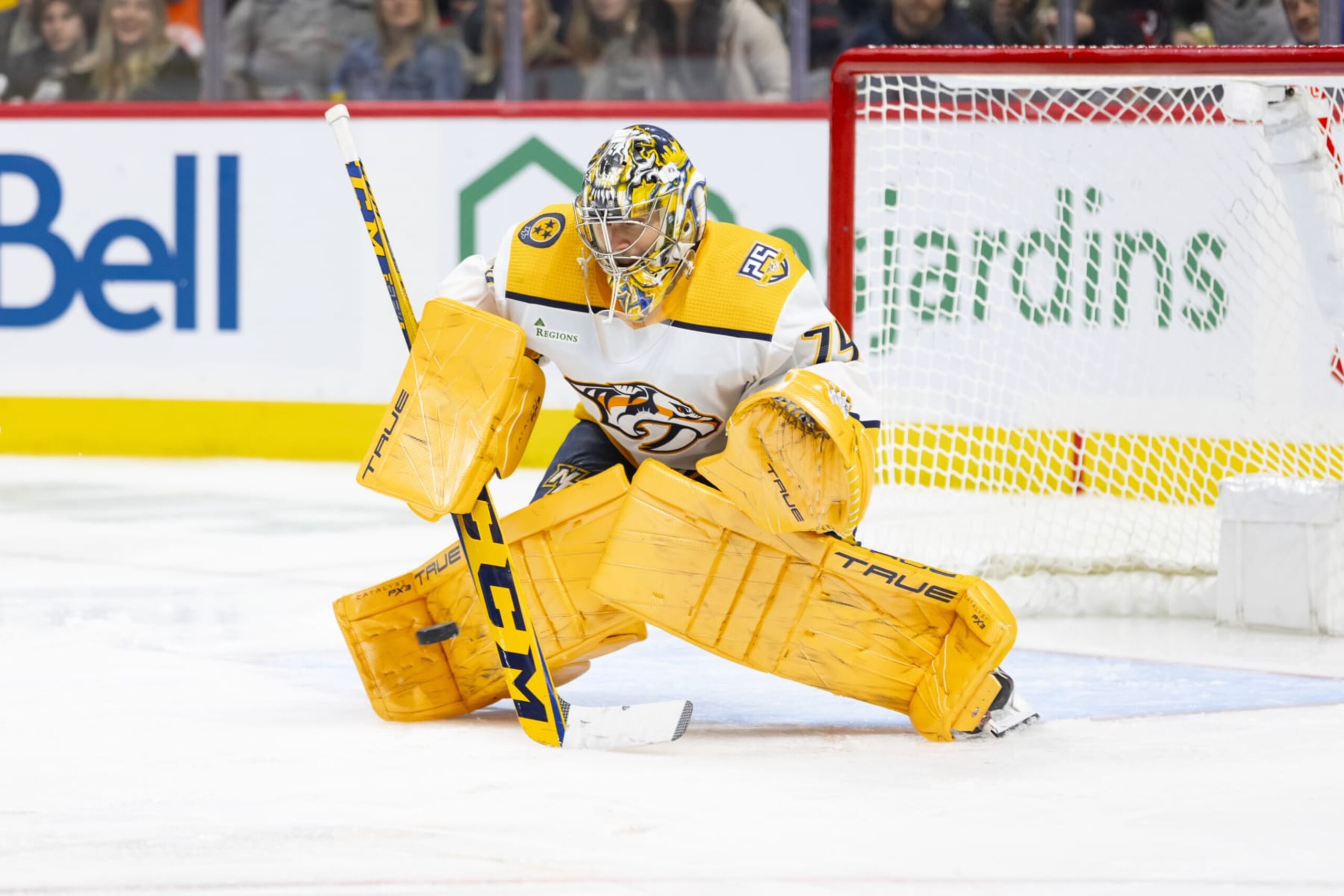OTTAWA, ON - JANUARY 29: Nashville Predators Goalie Juuse Saros (74) prepares to make a save during third period National Hockey League action between the Nashville Predators and Ottawa Senators on January 29, 2024, at Canadian Tire Centre in Ottawa, ON, Canada. (Photo by Richard A. Whittaker/Icon Sportswire via Getty Images) OTTAWA, ON - JANUARY 29: Nashville Predators Goalie Juuse Saros (74) prepares to make a save during third period National Hockey League action between the Nashville Predators and Ottawa Senators on January 29, 2024, at Canadian Tire Centre in Ottawa, ON, Canada. (Photo by Richard A. Whittaker/Icon Sportswire via Getty Images)