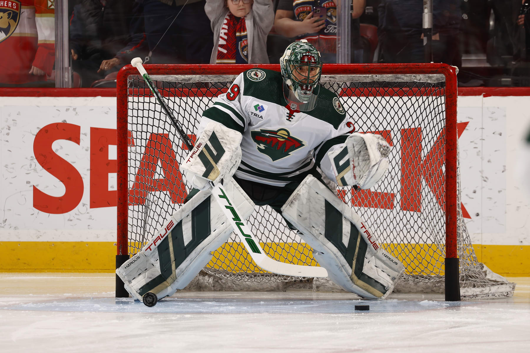 SUNRISE, FLORIDA - JANUARY 17: Goaltender Marc-Andre Fleury #29 of the Minnesota Wild warms up in the net prior to the start of the game against the Florida Panthers at the Amerant Bank Arena on January 17, 2024 in Sunrise, Florida. (Photo by Eliot J. Schechter/NHLI via Getty Images)