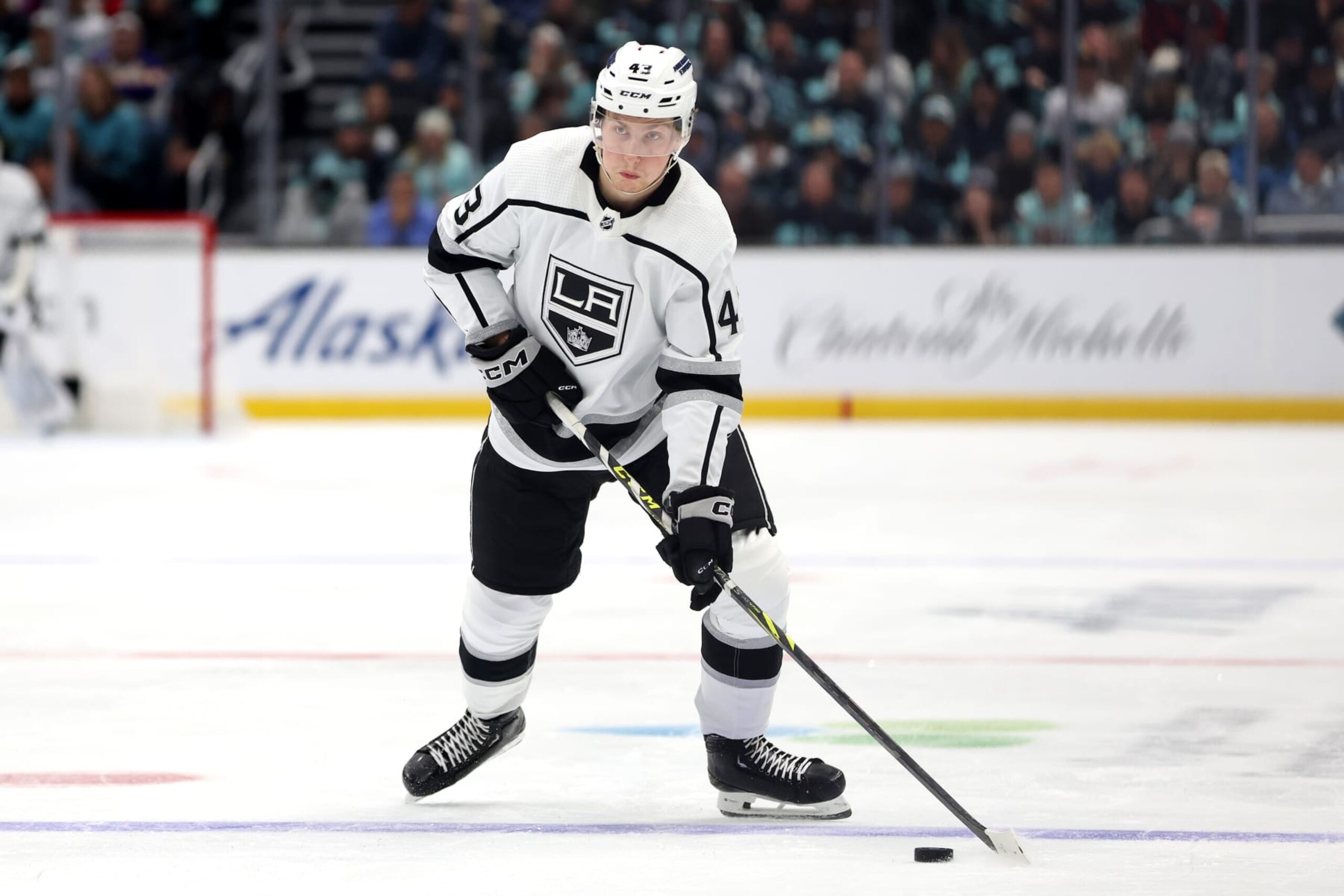 SEATTLE, WASHINGTON - DECEMBER 16: Arthur Kaliyev #34 of the Los Angeles Kings skates against the Seattle Kraken during the third period at Climate Pledge Arena on December 16, 2023 in Seattle, Washington. (Photo by Steph Chambers/Getty Images) SEATTLE, WASHINGTON - DECEMBER 16: Arthur Kaliyev #34 of the Los Angeles Kings skates against the Seattle Kraken during the third period at Climate Pledge Arena on December 16, 2023 in Seattle, Washington. (Photo by Steph Chambers/Getty Images)